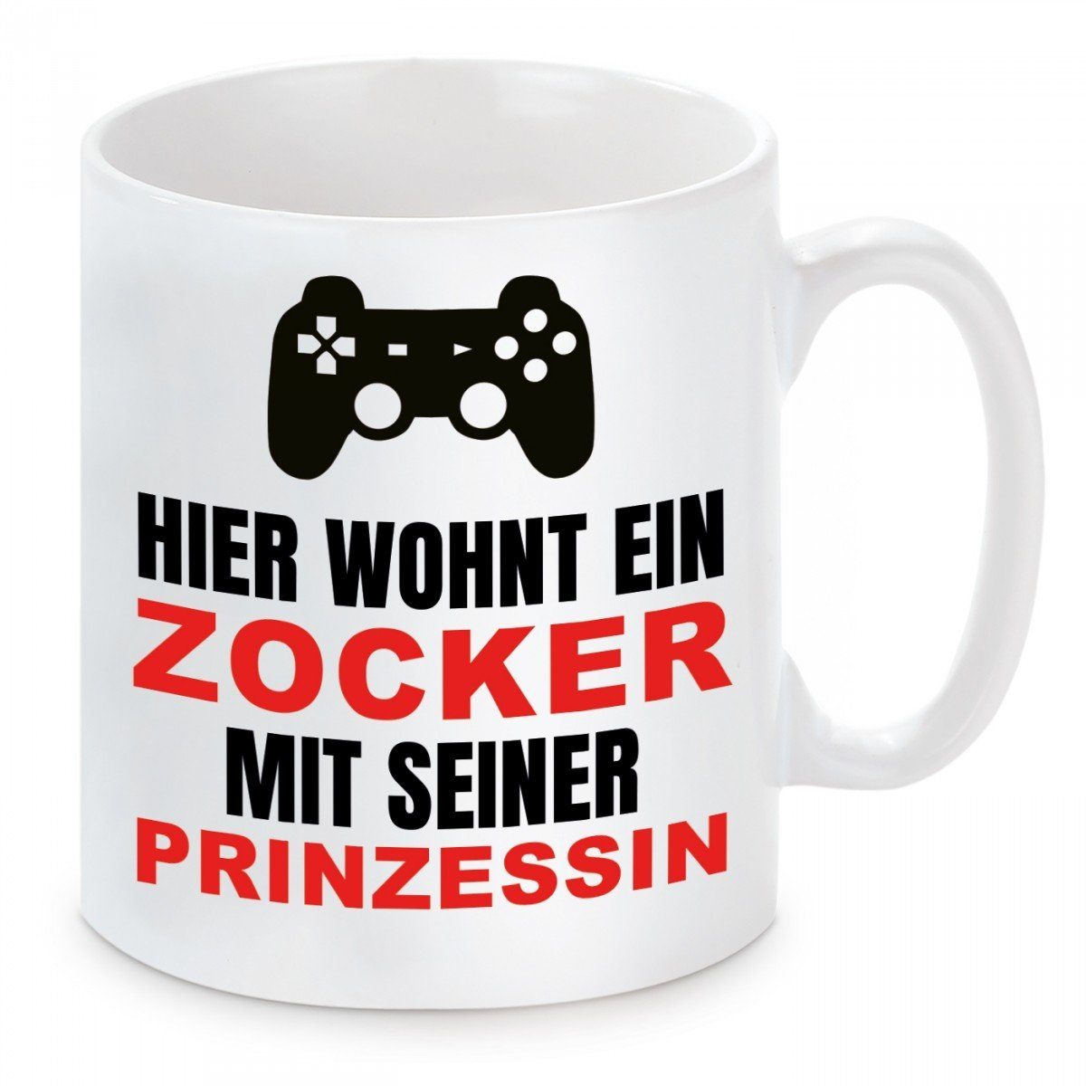 Herzbotschaft Tasse Kaffeebecher mit Motiv Hier wohnt ein Zocker mit seiner Prinzessin, Keramik, Kaffeetasse spülmaschinenfest und mikrowellengeeignet