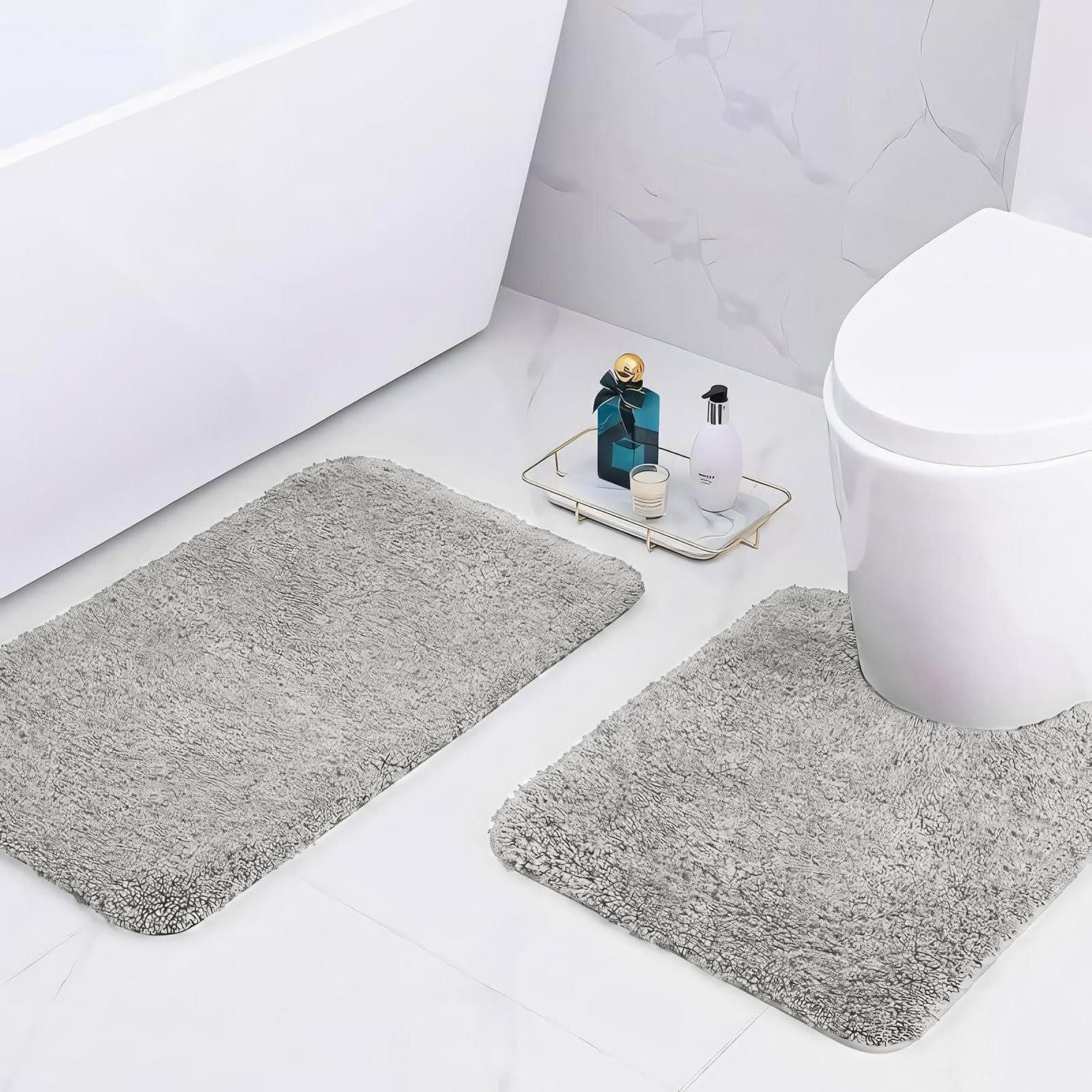 LuxusKollektion Badematte Badteppich Mikrofaser 50x80cm+50x50cm U-Form Hellgrau