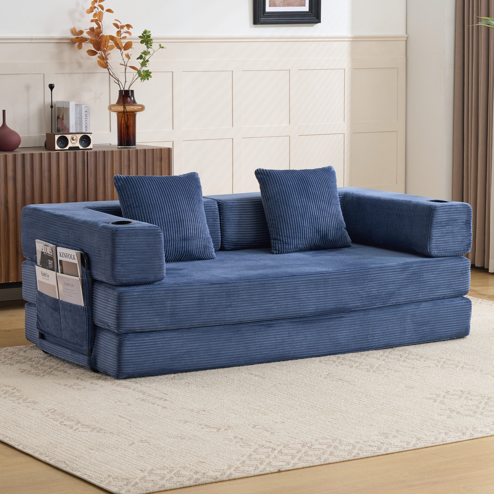 Leawin Sofa Sofas Wohnzimmer, Sofa mit schlaffunktion aus Cord mit Cupholder, Faltbares Loungebett mit Seitentaschen und ohne Montage