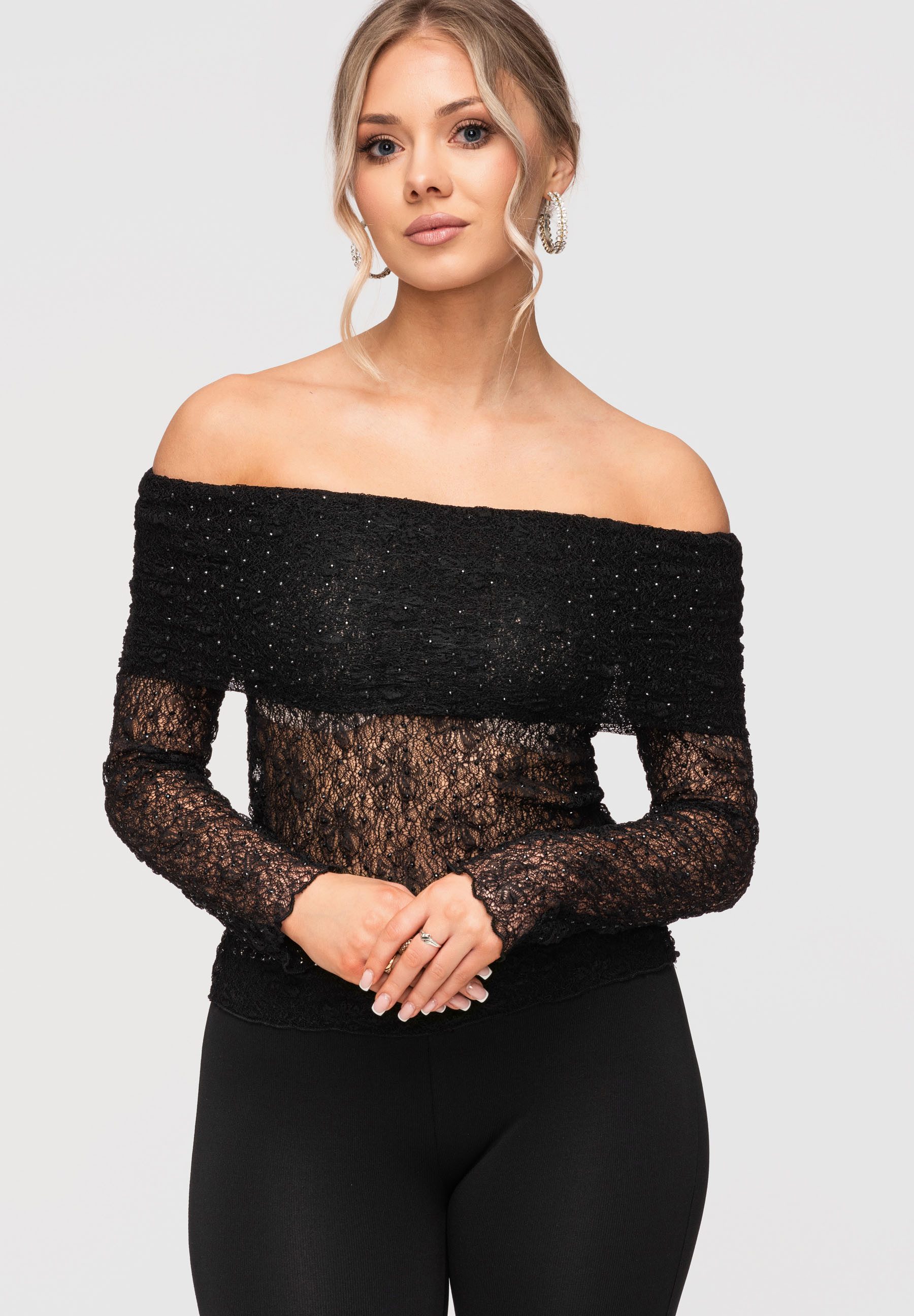 OMBRE Carmenbluse Damen Carmenbluse Spitze Elegant Schwarz S/M (kein Set, 1-tlg) Ajour-Muster, transparente Ärmel