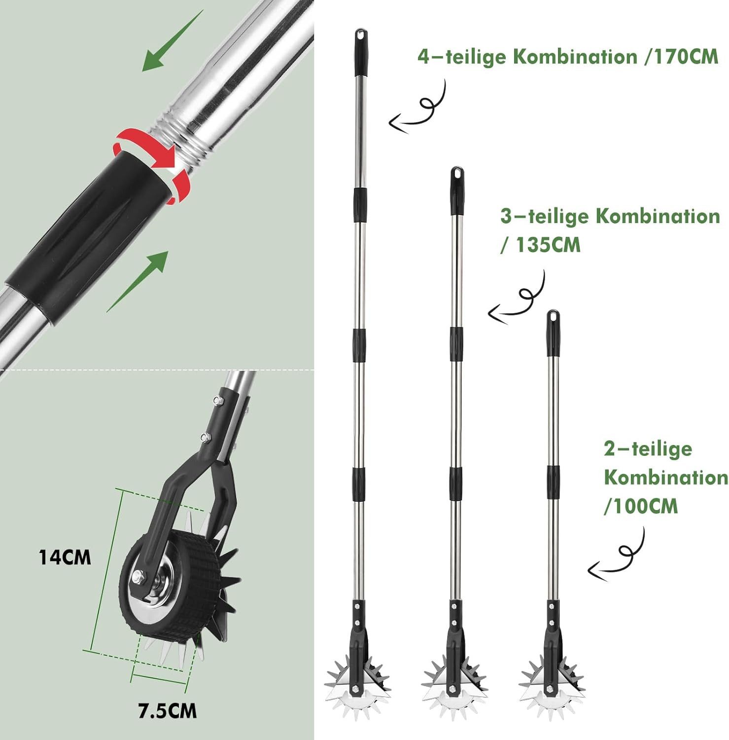 Hausprofi Gartensäge Rasenkantenschneider mit verbessertem Stiel und Schleifmesser, 3-teiliger Edelstahlgriff (97,5/135/172 cm)