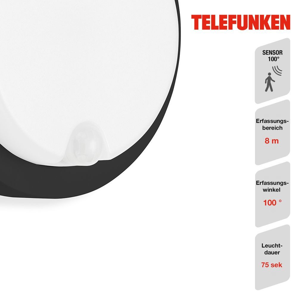 Telefunken Außen-Wandleuchte 315305TF, Leuchtdauer einstellbar, LED fest integriert, 2700K - Extra-Warmweiß, Außenleuchte IP44 Bewegungssensor 1150lm 4000K 12W