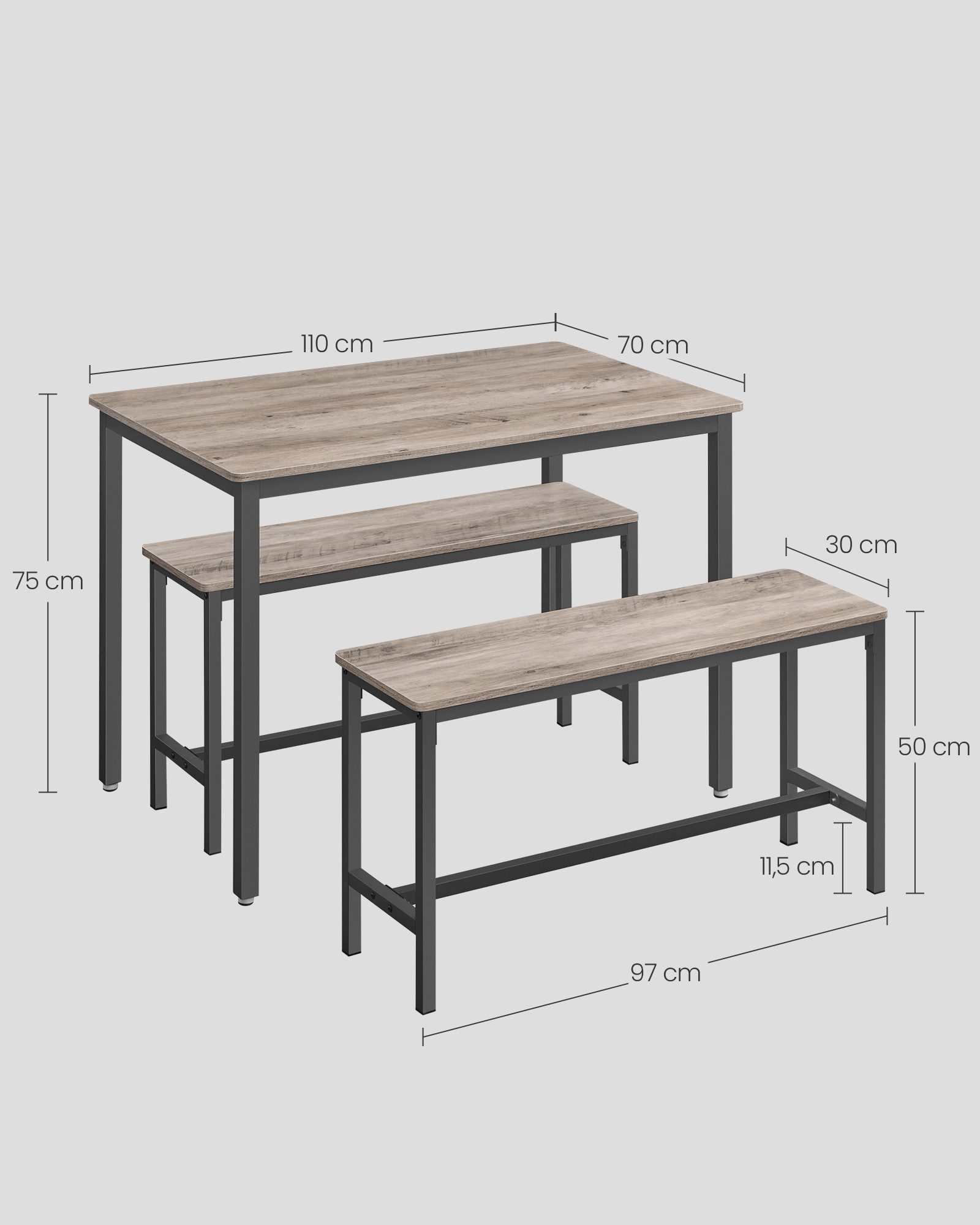 VASAGLE Essgruppe Esstisch mit 2 Bänken, 3er-Set, (3er-Set, 3-tlg., Esstisch mit 2 Bänken), Küchentisch 70 x 110 x 77 cm, 2 Bänke je 30 x 97 x 50 cm