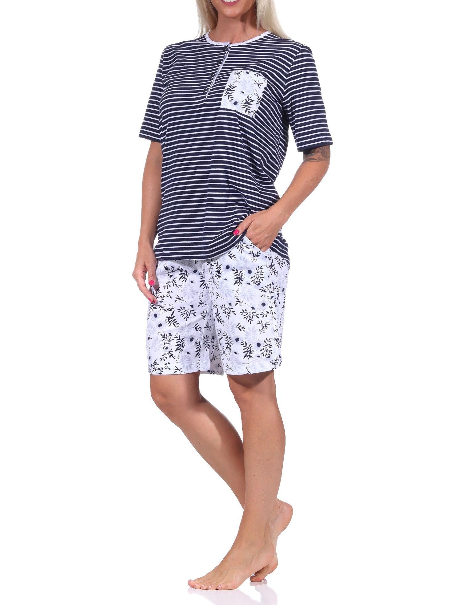 Normann Pyjama Damen Schlafanzug Shorty Pyjama kurzarm, Oberteil gestreift