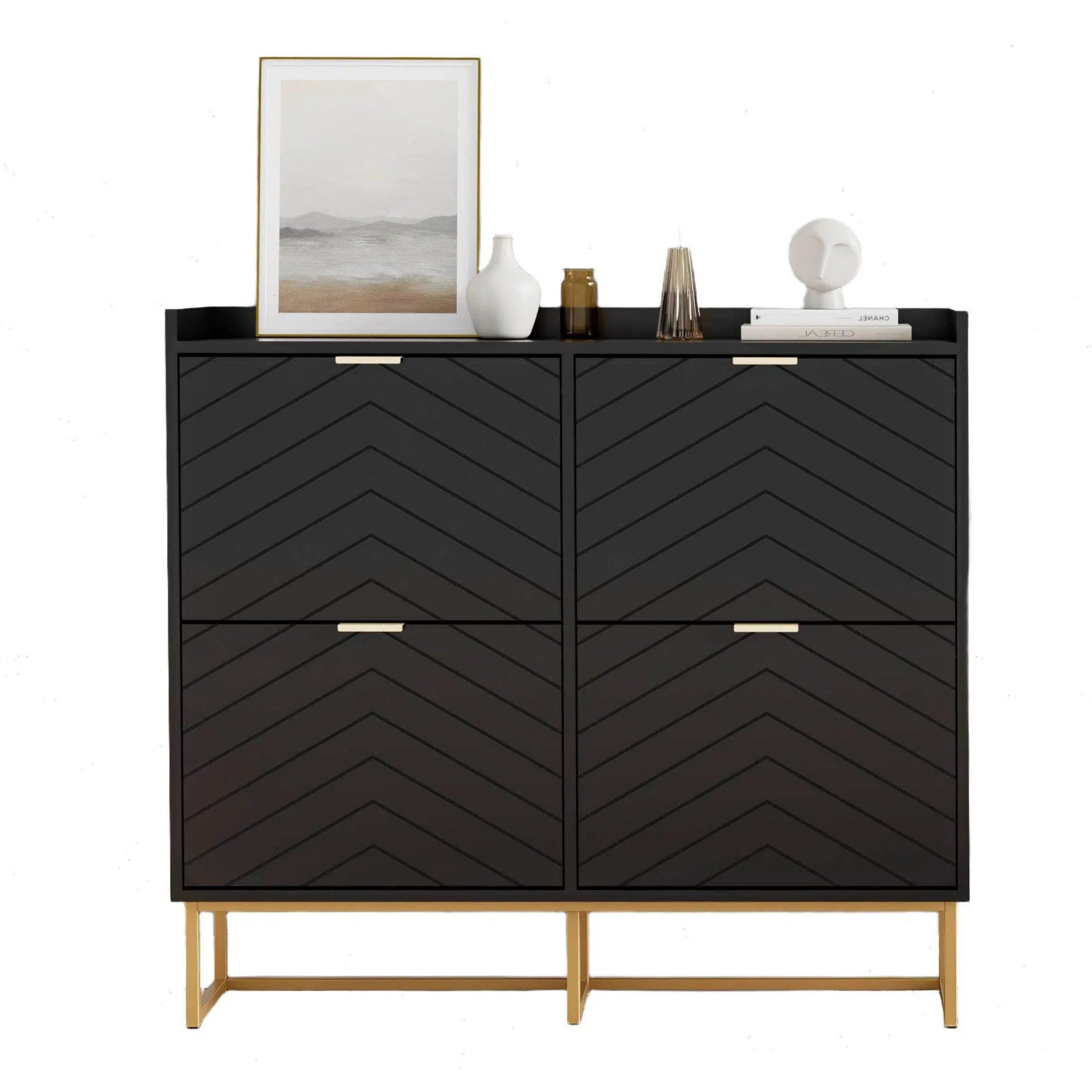 UEV Schuhschrank mit 4 Klappen, Schuhkipper Schmal, Schuhregal mit Metallfüße (98,5 x 24 x 103,5cm Modern Schuhaufbewahrung mit Oberplatte, Schuhkommode,Anti-Kipp-Vorrichtung für Eingangsbereich) trennwände verstellbar und abnehmbar für verschiedene Schuhtypen