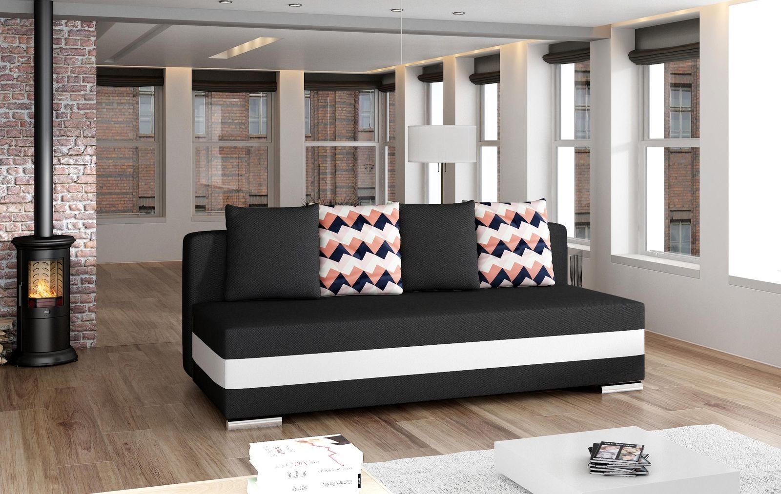 JVmoebel Sofa Luxus Multifunktions Couch 3-Sitzer Schwarz stilvolles Design Neu, Made in Europe Schwarz / Weiß