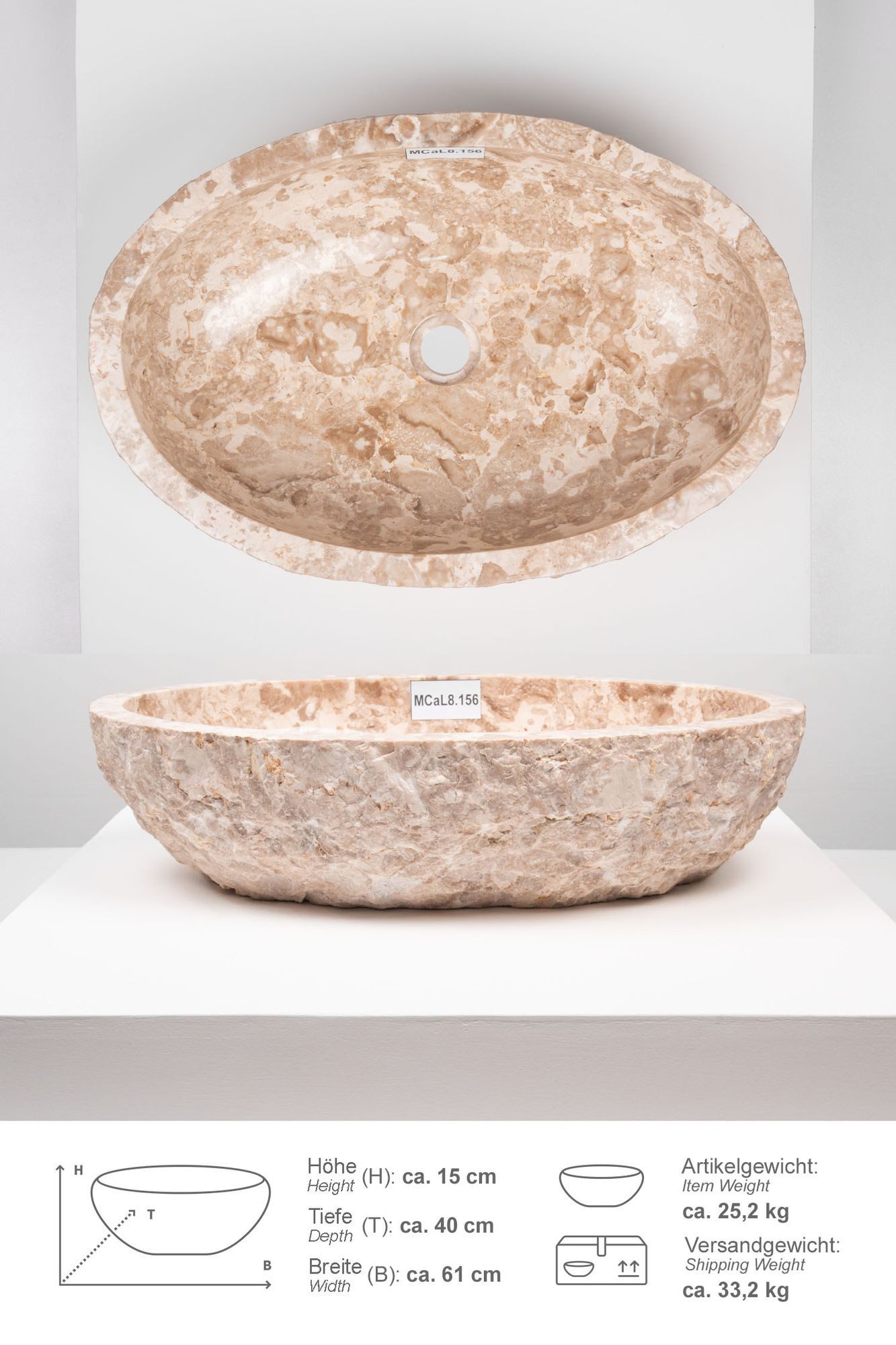 wohnfreuden Aufsatzwaschbecken Erosi Marmor Waschbecken 60 cm creme (Kein Set), 102276_MCaL8.156