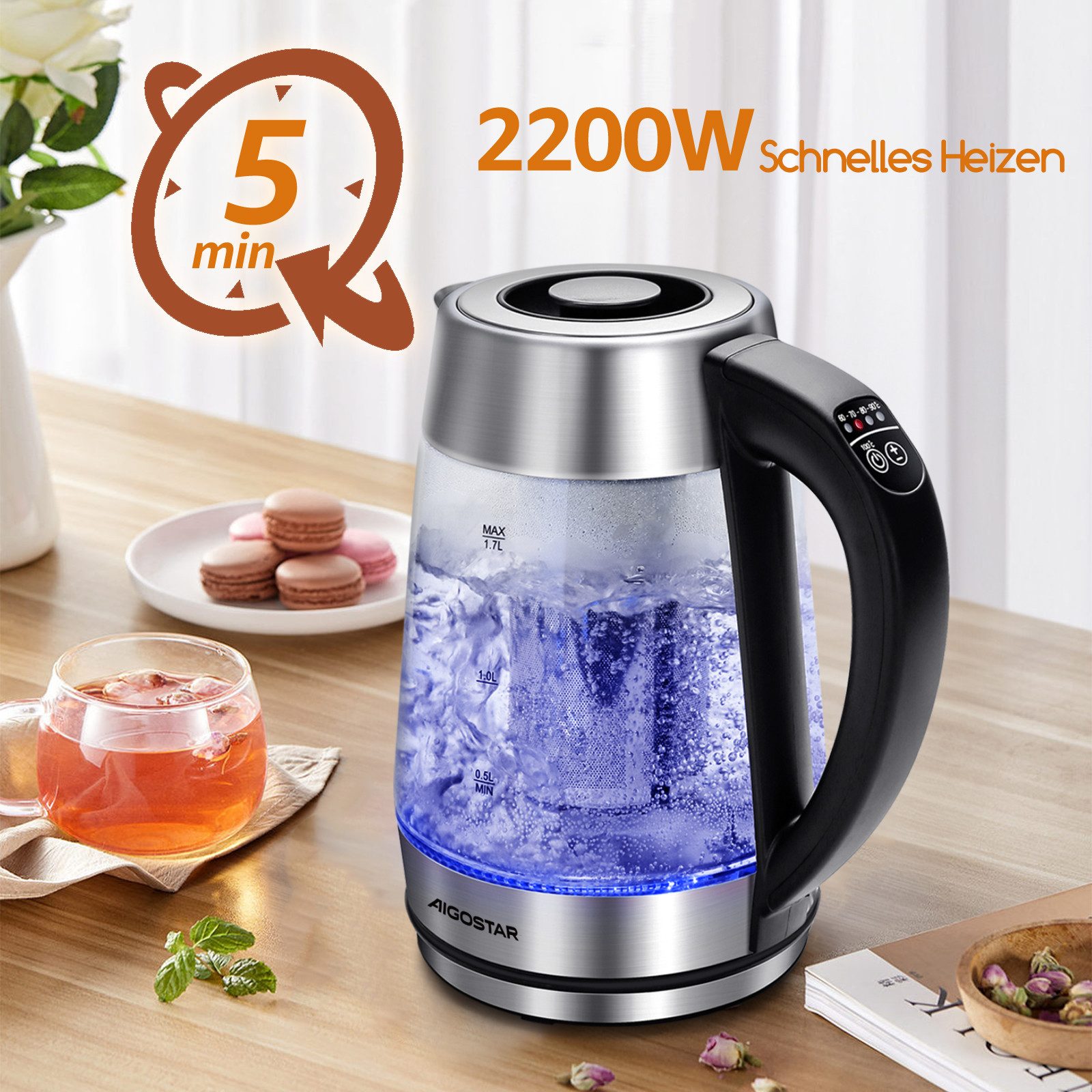 Aigostar Wasserkocher Aigostar Glas Wasserkocher mit Temperatureinstellung 1,7L, 60°-100°C, 1 l, Glas Wasserkocher mit Temperatureinstellung 1,7L, 60°-100°C