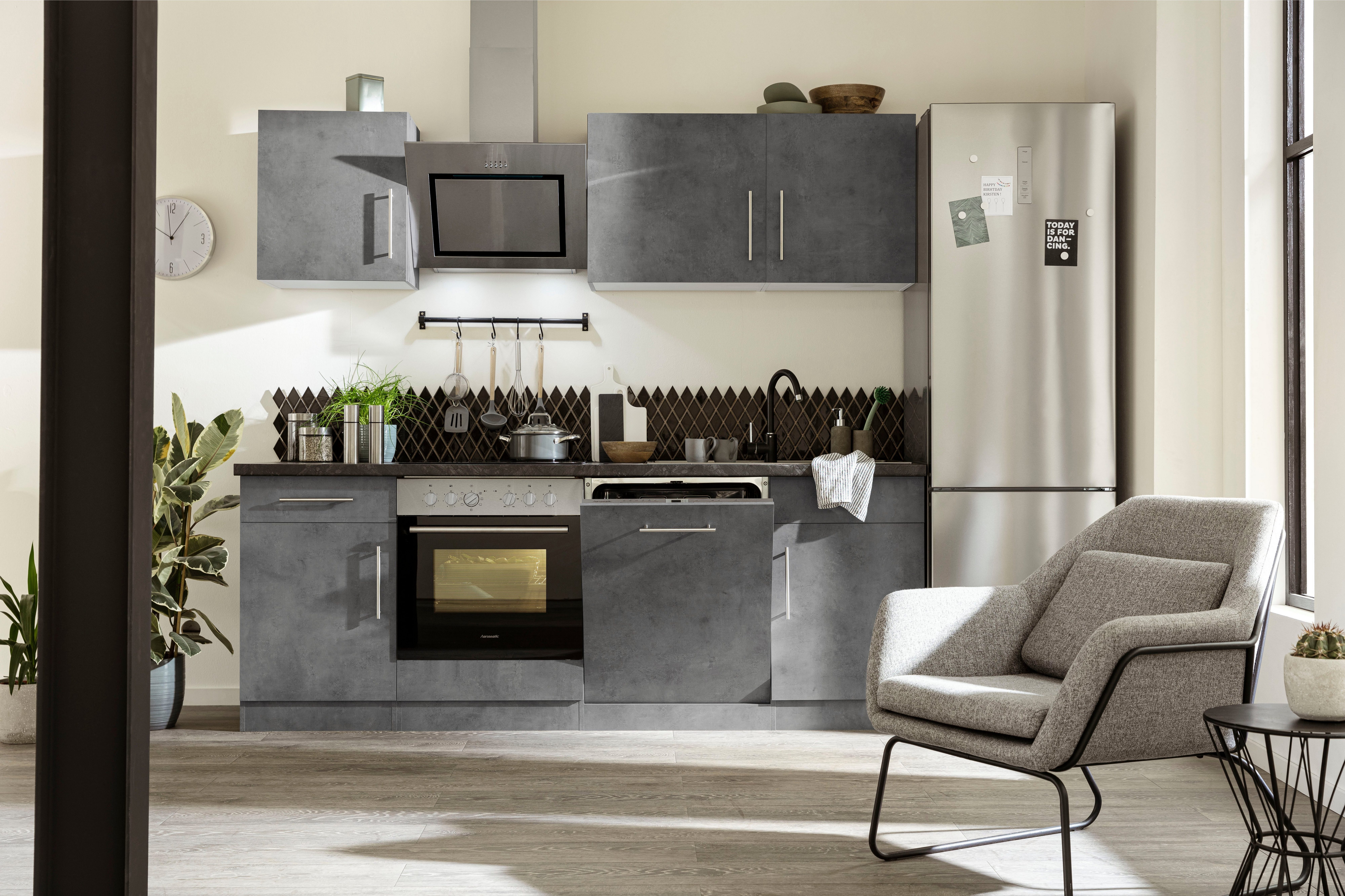 Hanseatic 220 cm Küchenzeile Granit Front: Cali, Küchen mit Arbeitsplatte: E-Geräten | mit Schwarz E-Geräten, wiho Breite Betonfarben Betonfarben,