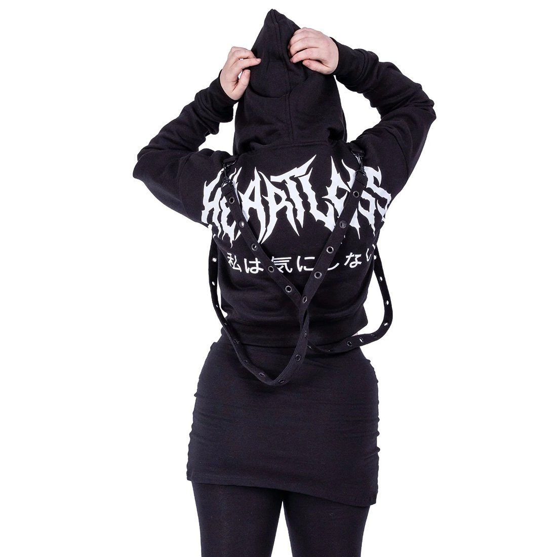 Heartless Hoodie Crop Kapuzenpullover Kyda Hood Gothic Riemen Punk Strapsen