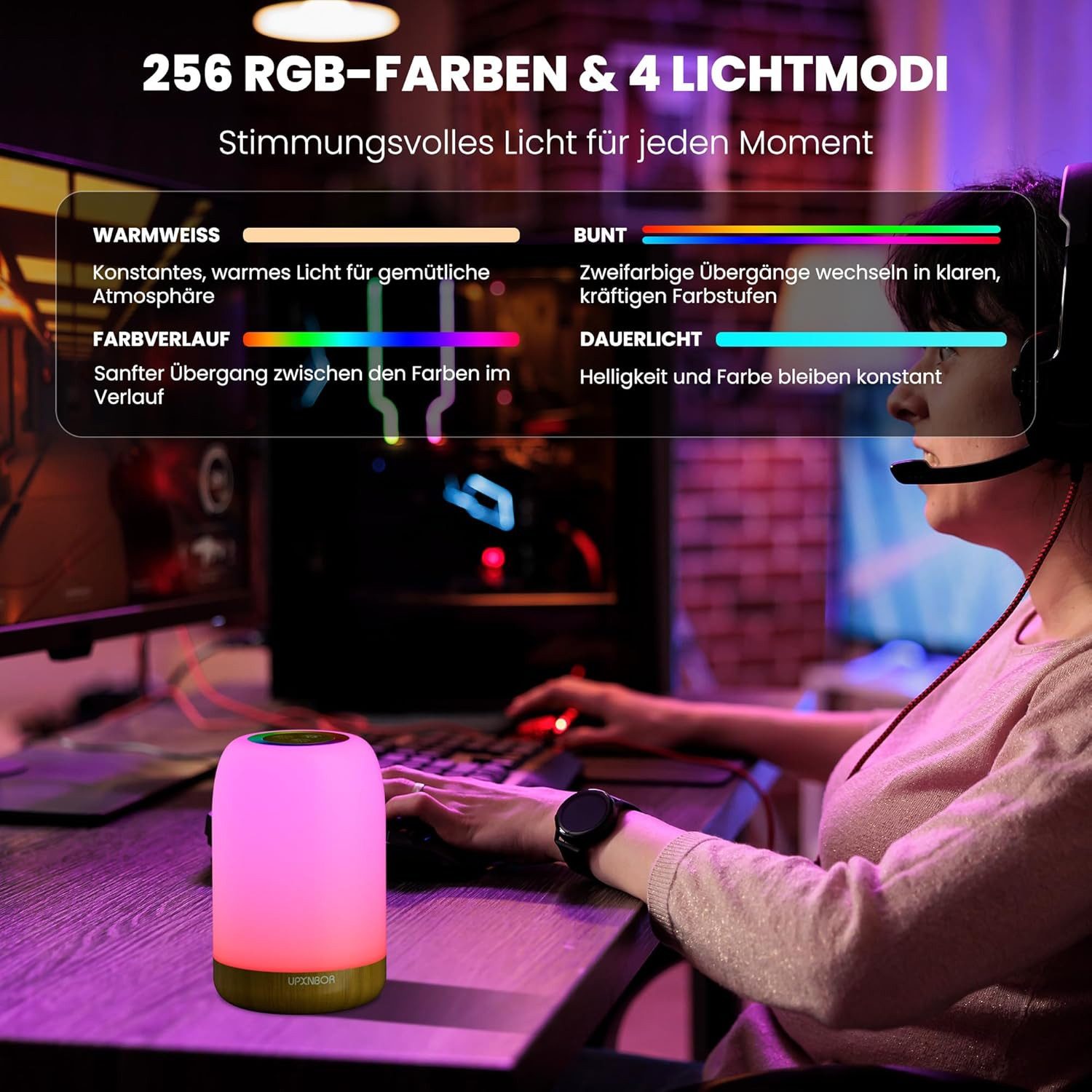 Luckice LED Nachtlicht Touch Dimmbar mit 256 RGB Farben & 4 Modi, Tischlampe Kabellos mit Timer & Haken, USB Aufladbar, Holzmaserung, Tragbares Nachtlicht für S – Bild 4 von 5