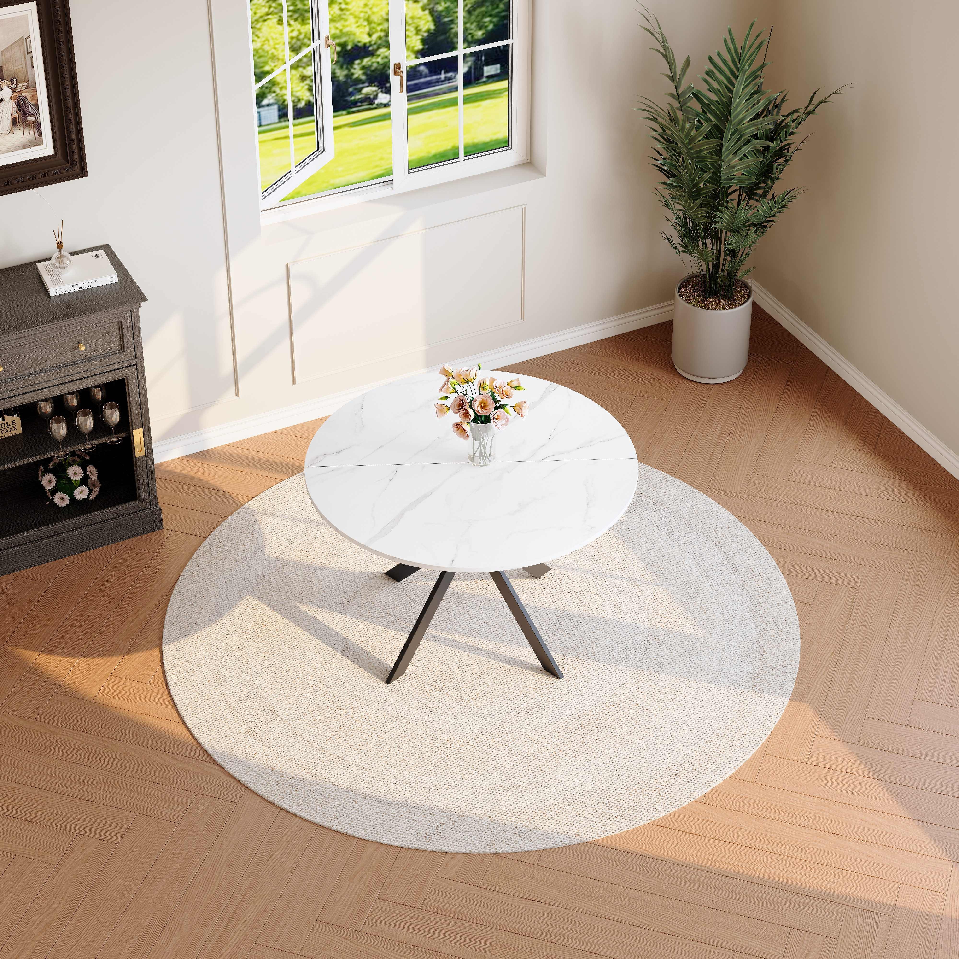 Welltin Essgruppe Rundes Marmor-Esstisch Esszimmer-Set mit 2 oder 4 Stühlen, (2-tlg), weißen oder schwarzen Cantilever-Stühlen, Kunstleder und Metallrahmen