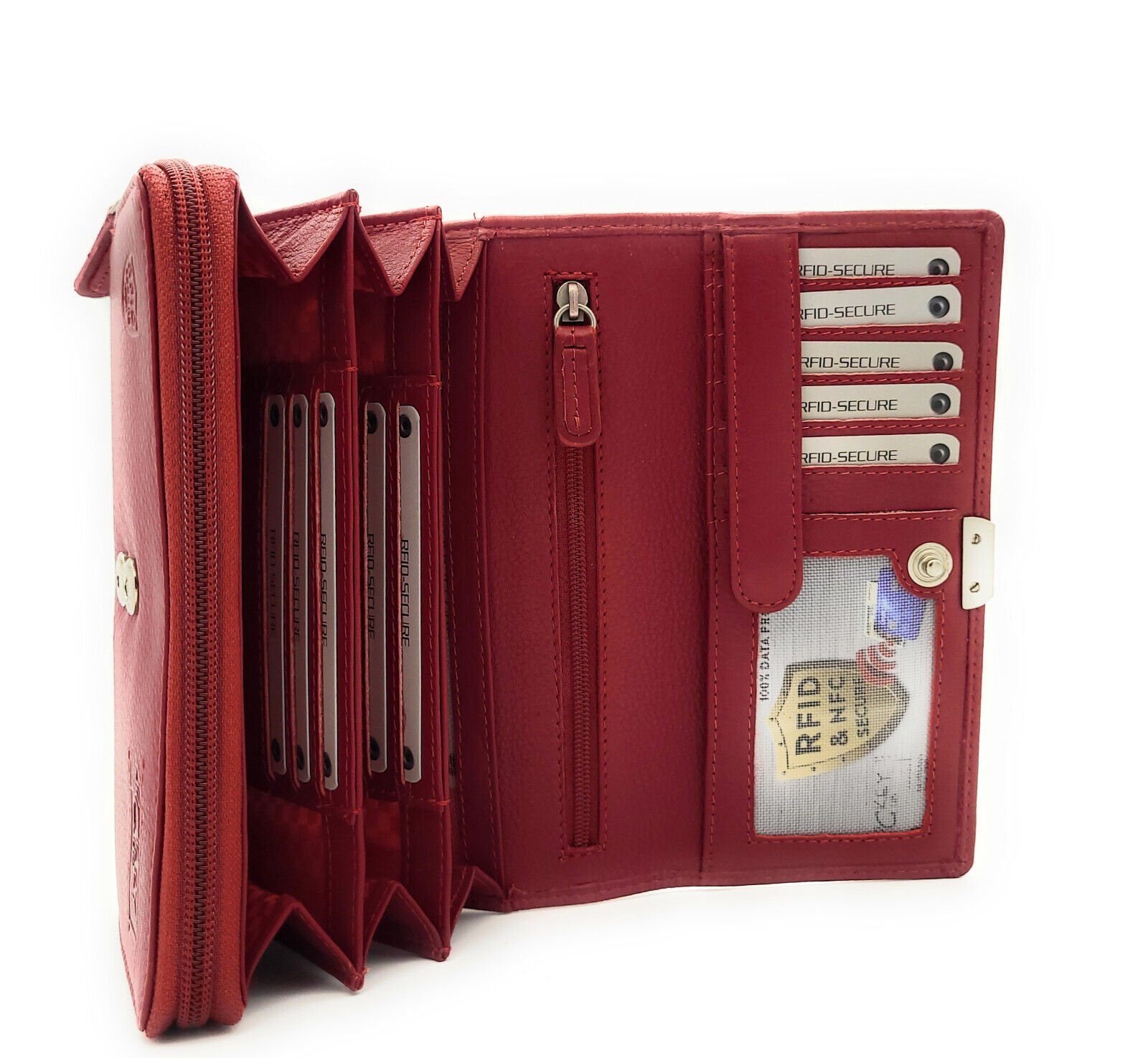 Geldbörse echt Schutz cherry Rindleder, RFID vollnarbiges Portemonnaie weiches "Massala", Leder Damen CLUB JOCKEY mit rot