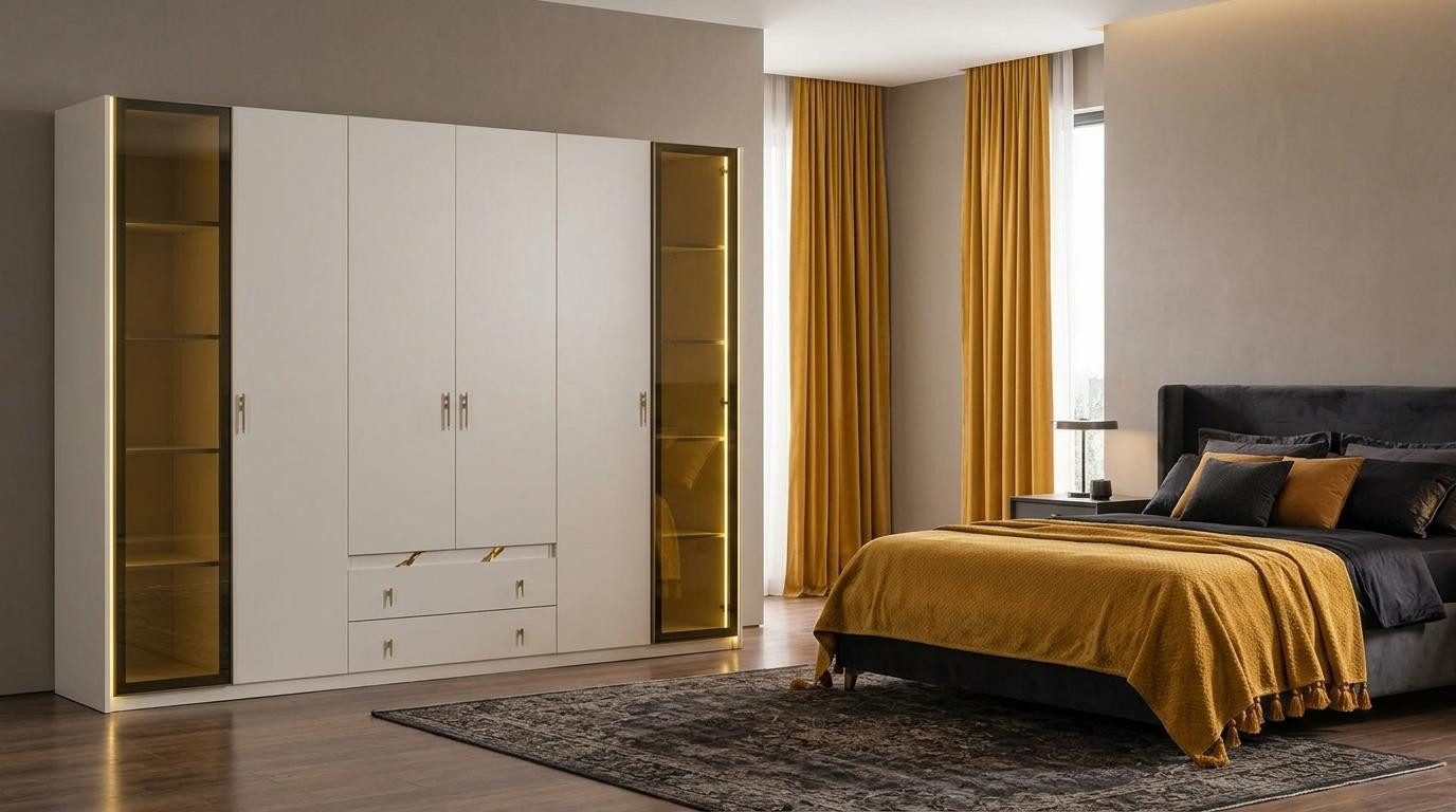 JVmoebel Kleiderschrank Schrank Bequem Holz Beige Minimalistisch Geräumig Modern Glas Made in Europa