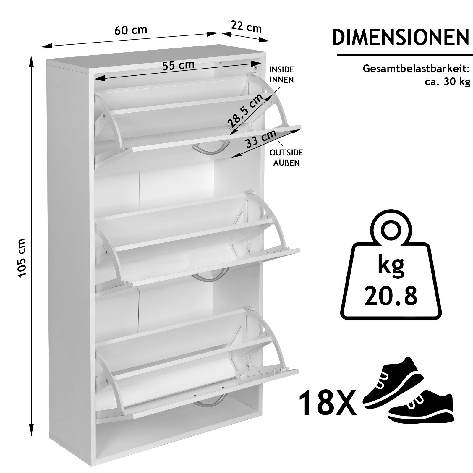 18Schuhe Verstellbar/2Schuhablagen MIADOMODO zu Schuhschrank pro Schuhschrank-MDF, Kipper/bis