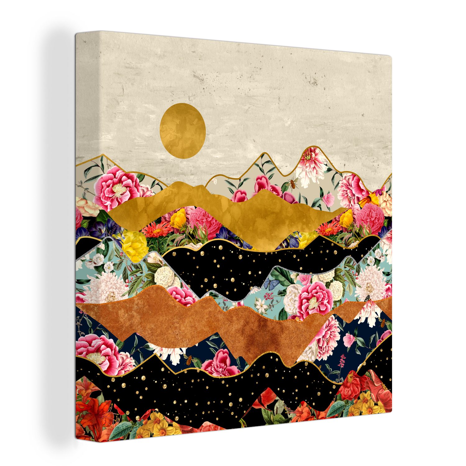 OneMillionCanvasses® Leinwandbild Gold - Blumen - Druck - Abstrakt - Landschaft - Muster, (1 St), Leinwand Bilder für Wohnzimmer Schlafzimmer
