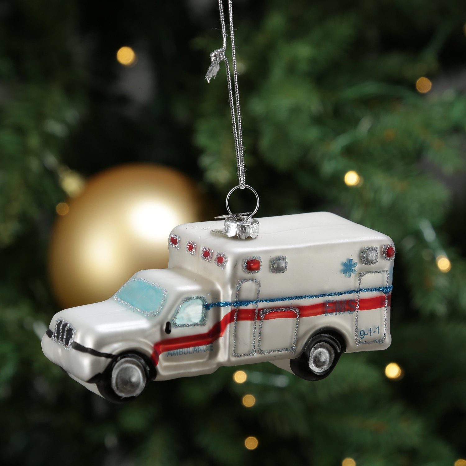 MARELIDA Christbaumschmuck Weihnachtsbaumschmuck Krankenwagen Rettungswagen Glas L: 11cm weiß