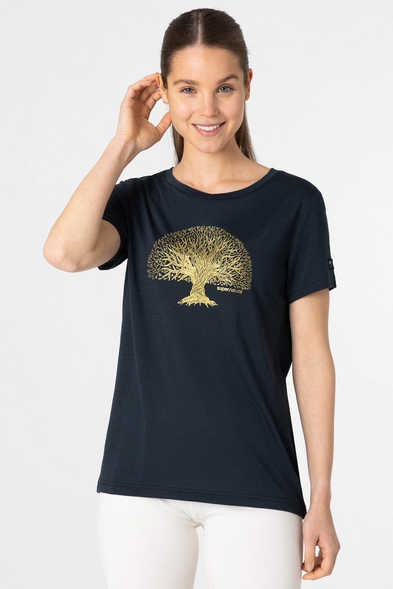 SUPER.NATURAL Print-Shirt Merino T-Shirt W TREE OF KNOWLEDGE TEE geruchshemmender Merino-Materialmix Blueberry/Gold