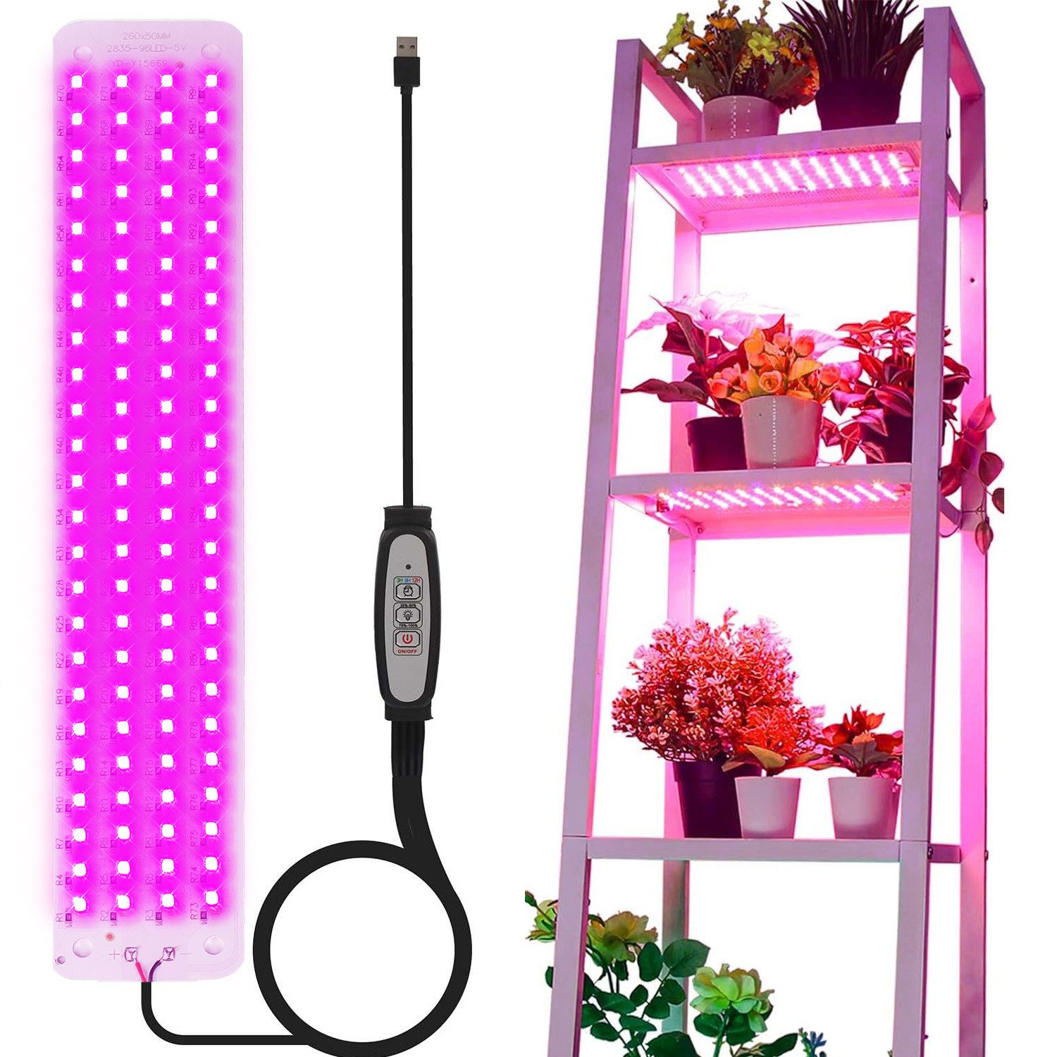 MUPOO Pflanzenlampe Vollspektrum/Sonnenlicht/Pink-Violette LED-Wachstumslicht, USB, Timer, Pink-violette Modell, 1 Panel, LED fest integriert, Dünnes Pflanzenlampe, 96LEDs Dimmbare