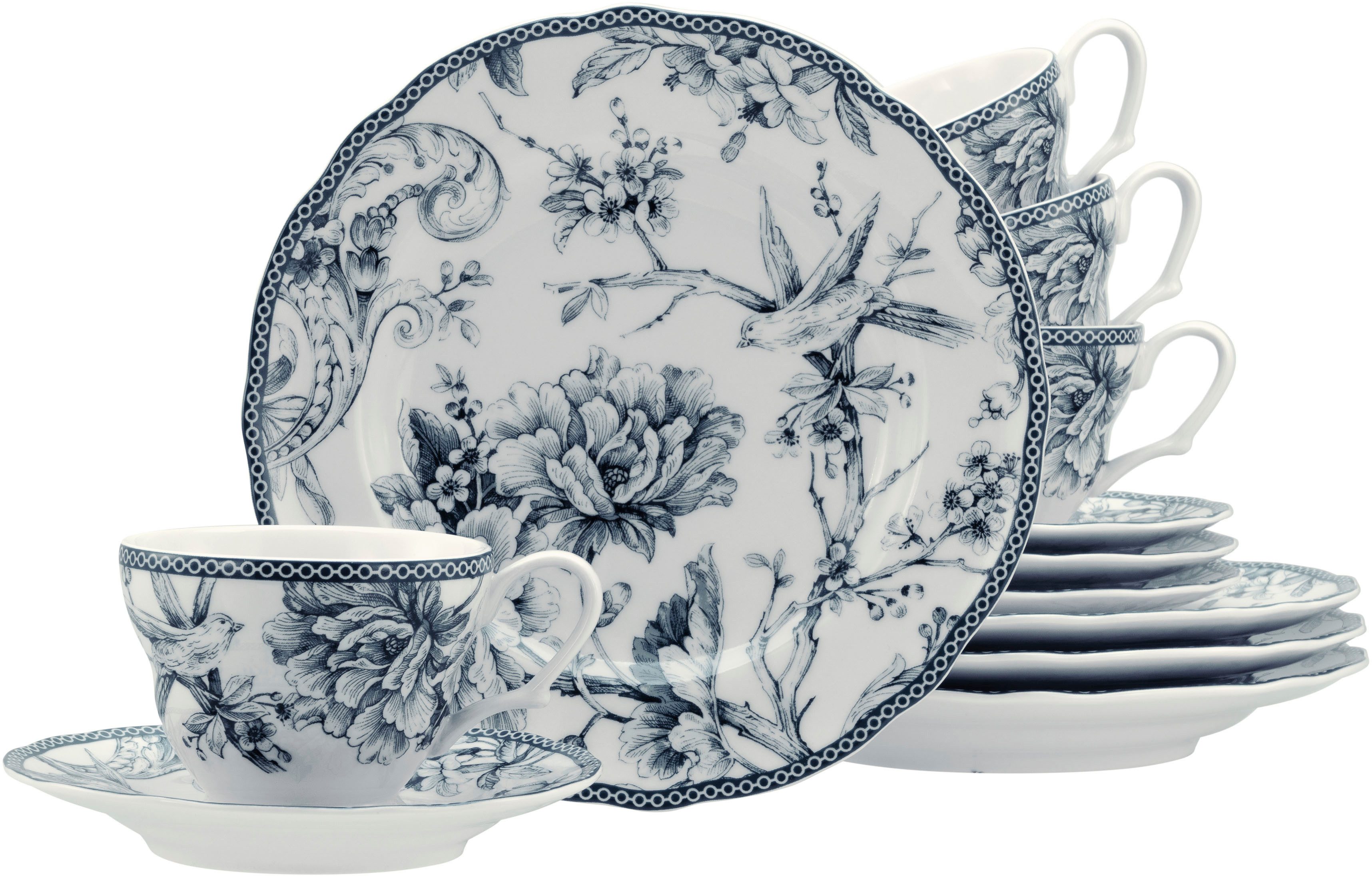 CreaTable Kaffeeservice Adelaide, Service 12-tlg. (12-tlg), 4 Personen, Porzellan, Nostalgischer Vintage Dekor, Elegante Form