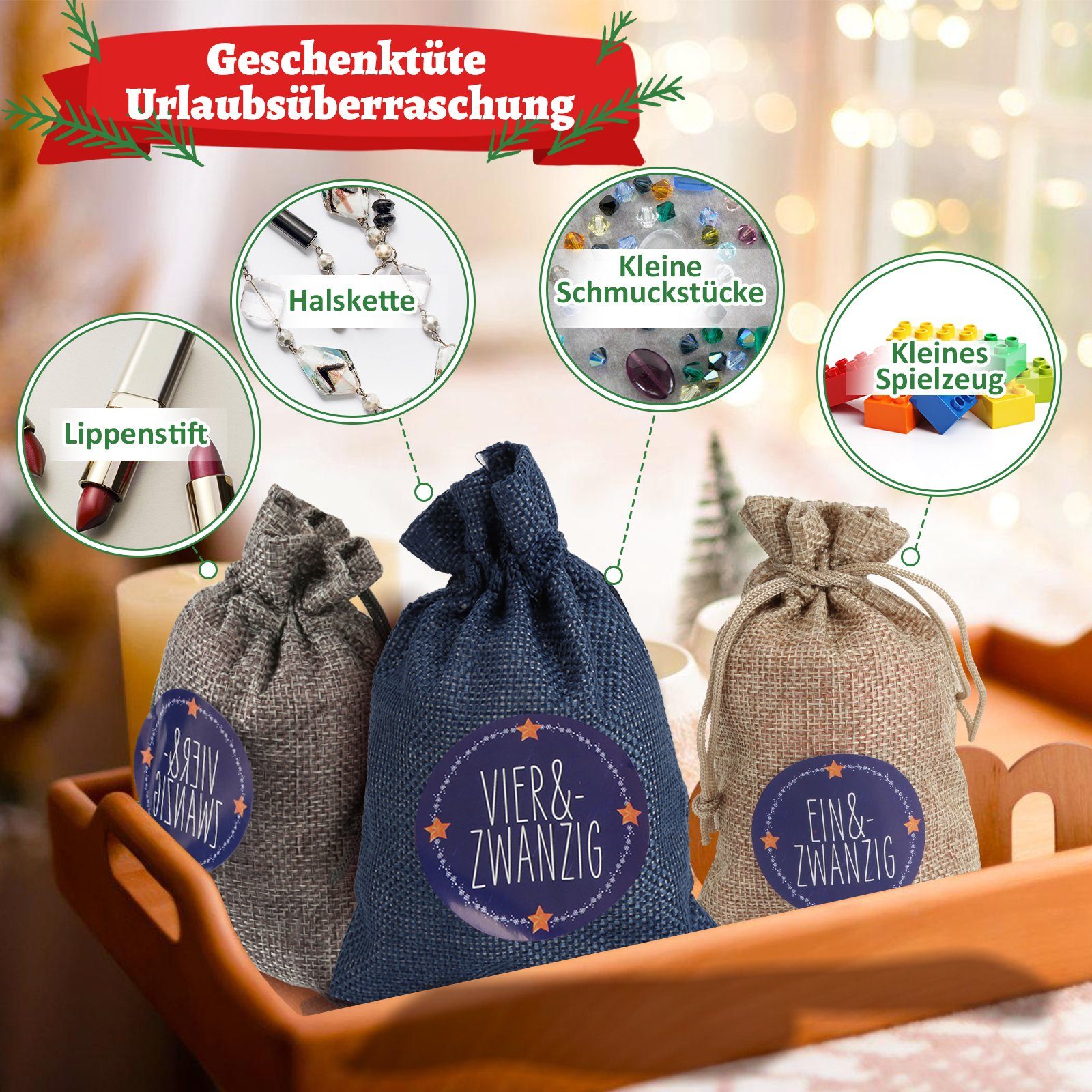 -DIY TolleTour Dekohänger Jutesäckchen Weihnachtskalender zum Befüllen Christbaumschmuck
