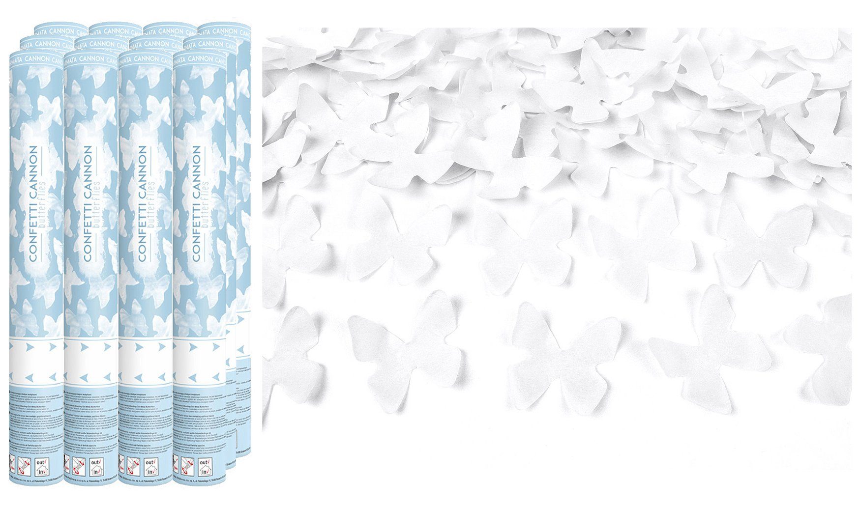 partydeco Streudeko, Konfettikanone mit Schmetterlingen 40cm Weiß 12er Set