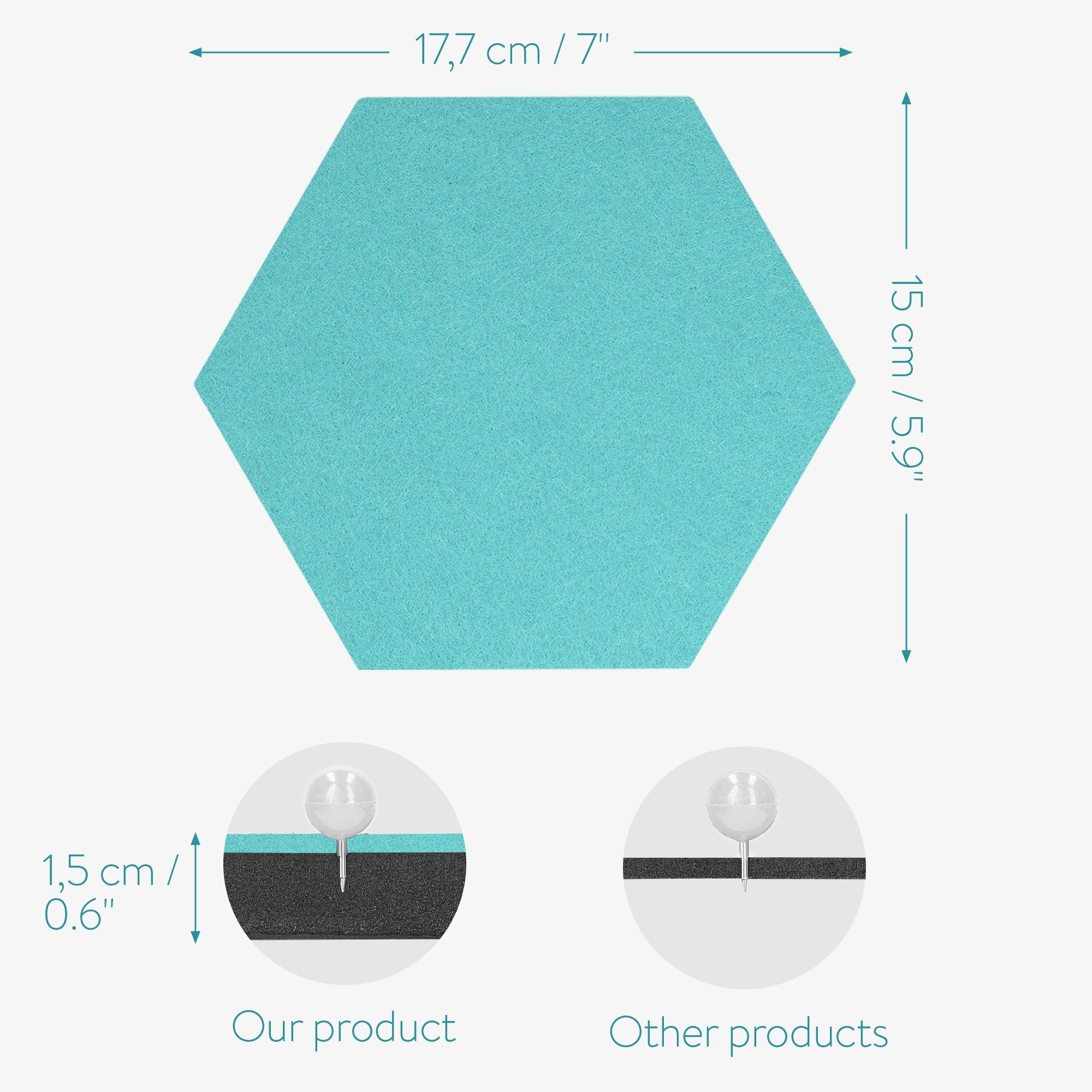Pinnwand Zubehör 15x17,7x1,5cm mit 6x Set, Memoboards sechseckig, Navaris Filz