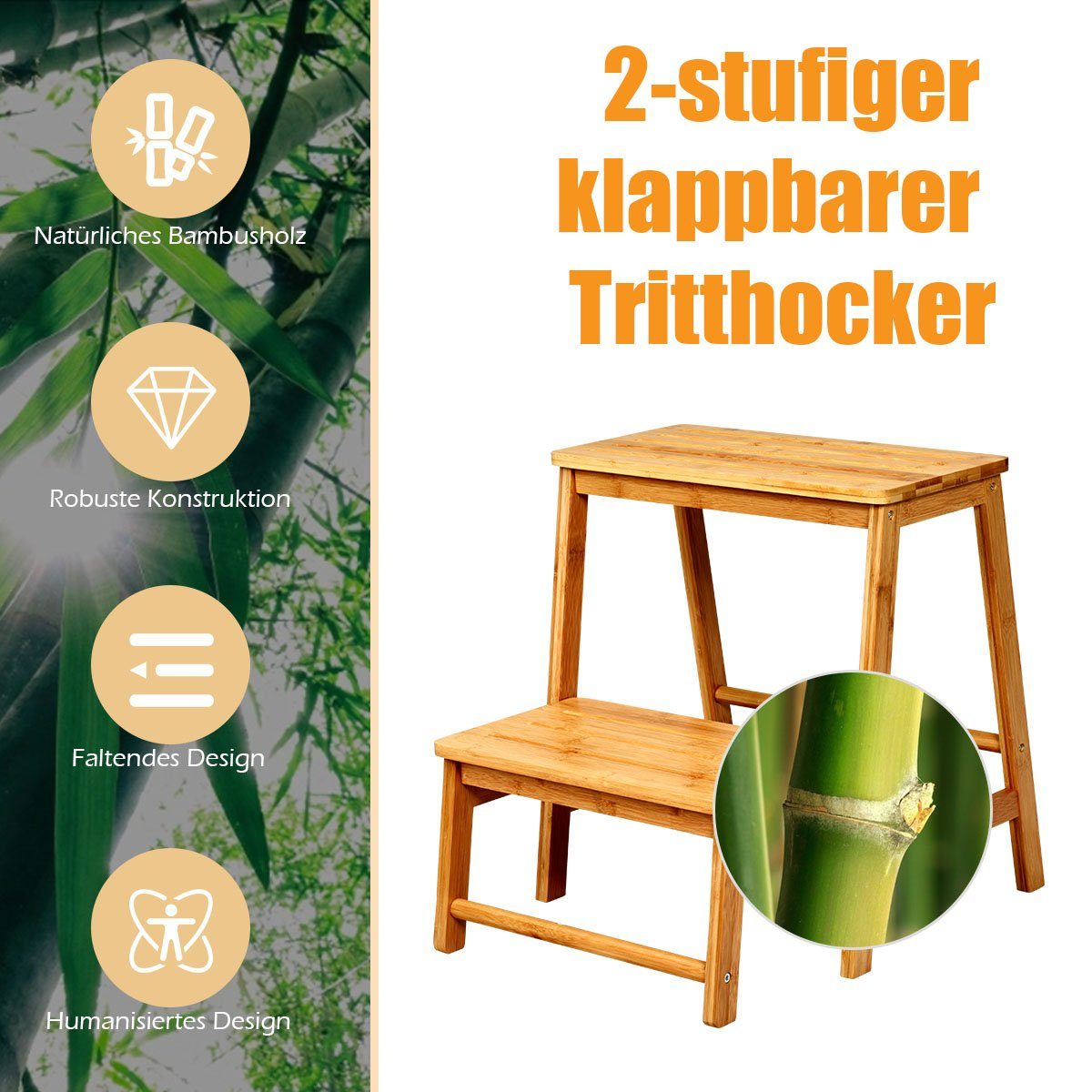 COSTWAY Klapptritt faltbar Klapphocker Holz, 2-Stufen, Bambus bis 100kg, 45x51x48cm – Bild 3 von 5