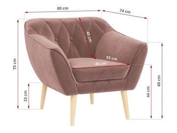 MKS MÖBEL Sofa PIRS 1 Sitzer, Skandinavischer Stil, Gesteppte Polsterung, Holzbeine