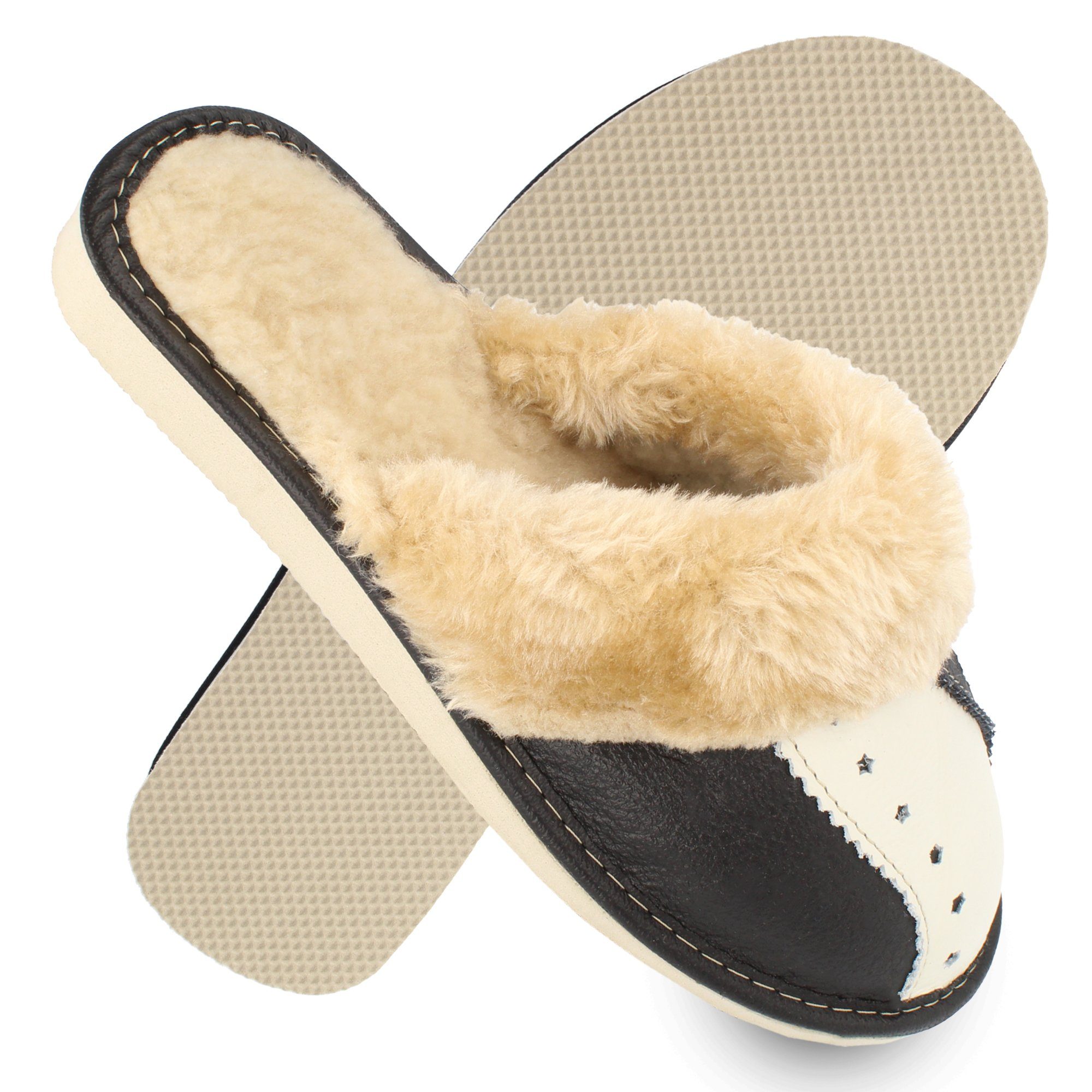 Seelow Leder Weiß Schwarz Damen Gefüttert Hausschuh