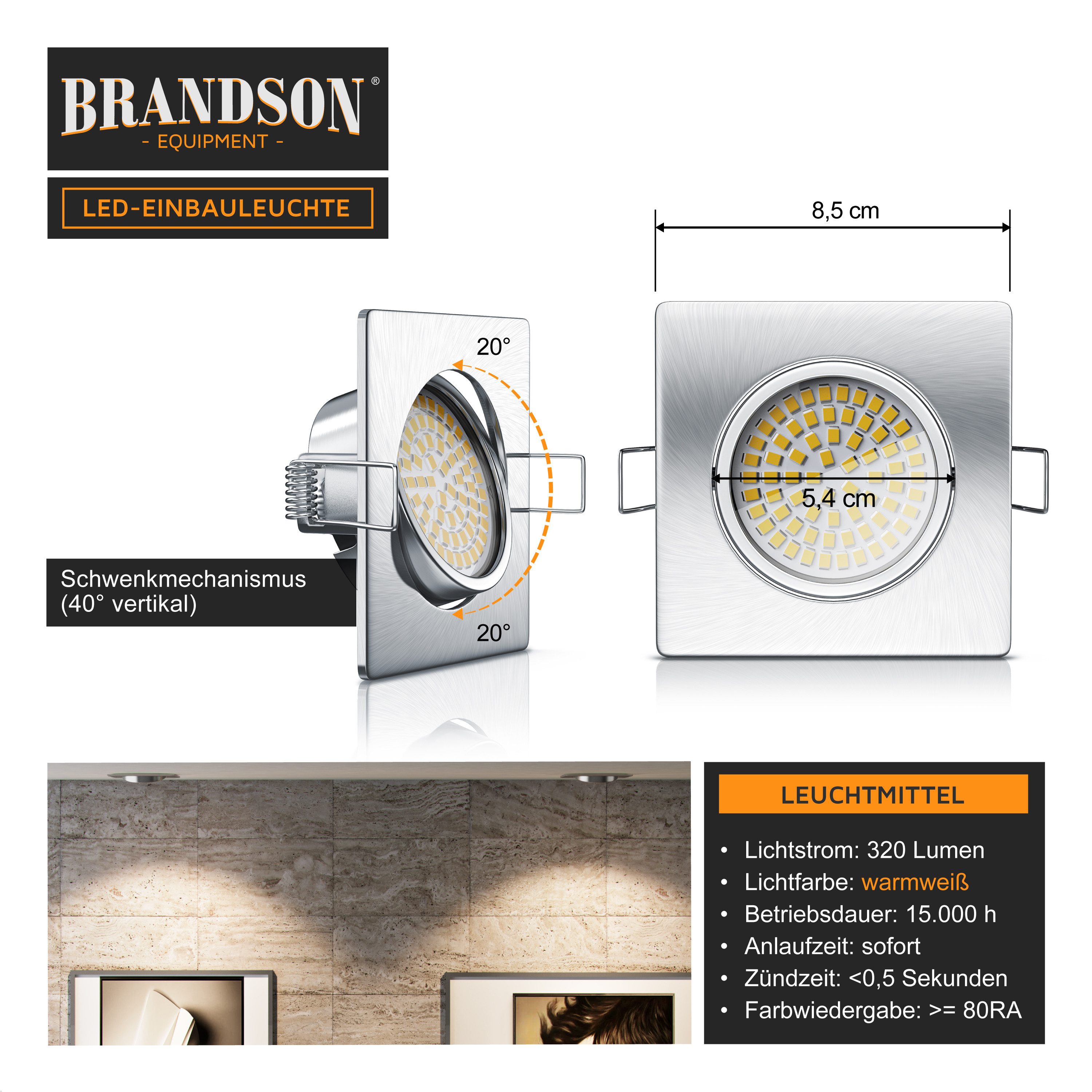 Brandson LED Einbaustrahler schwenkbarer Deckenspot, Edelstahl Optik, 320 Lumen, Warmweiß, 3er Set, Ultra Flache Einbauleuchte, Slim Einbauspot, Deckenstrahler eckig