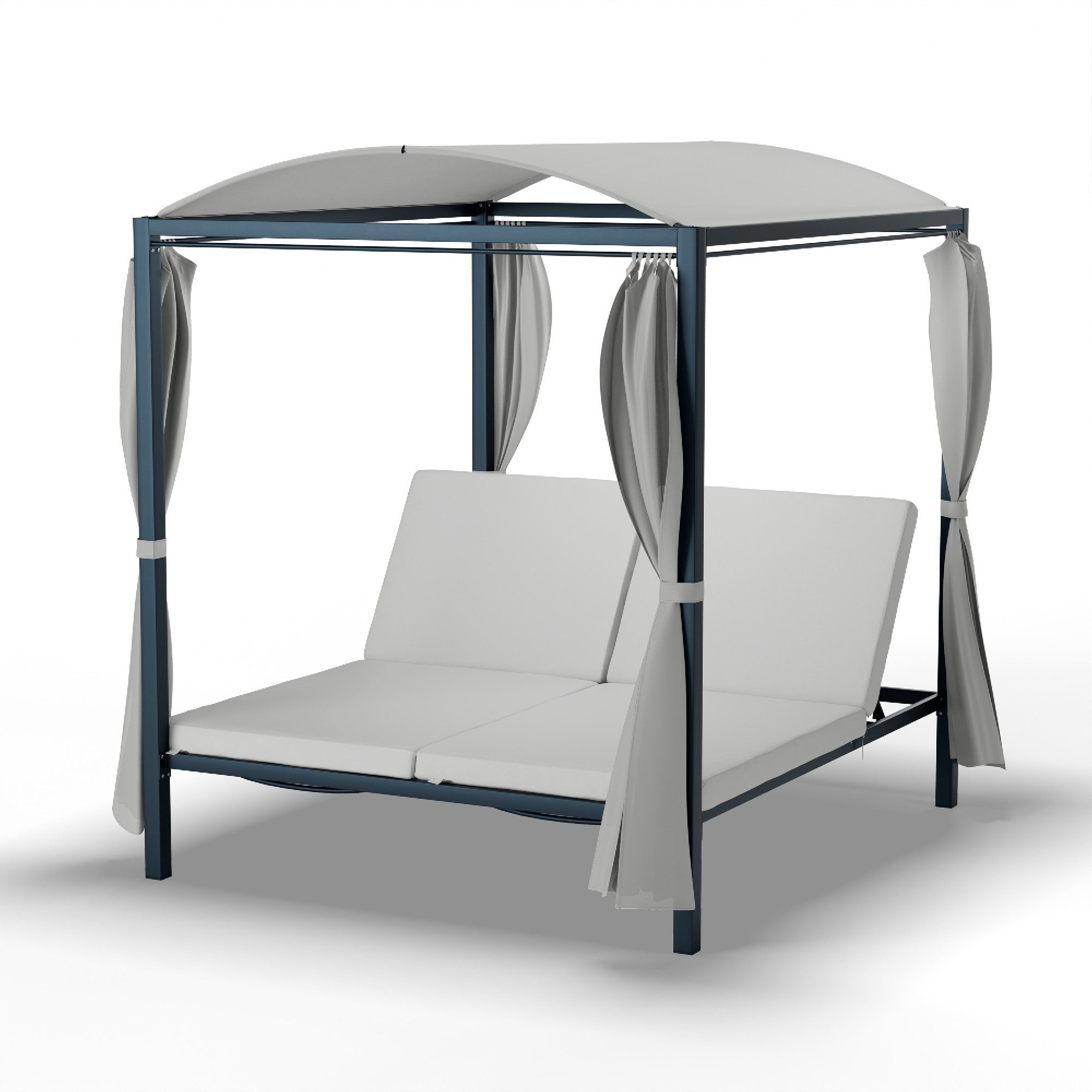 blumfeldt Gartenliege Eremitage Double XL Sunbed 2 Personen Stahl 5-fach Lehne 4 Vorhänge, Set, Liegeinsel Doppelliege 2 Personen mit Rückenlehne & Vorhängen