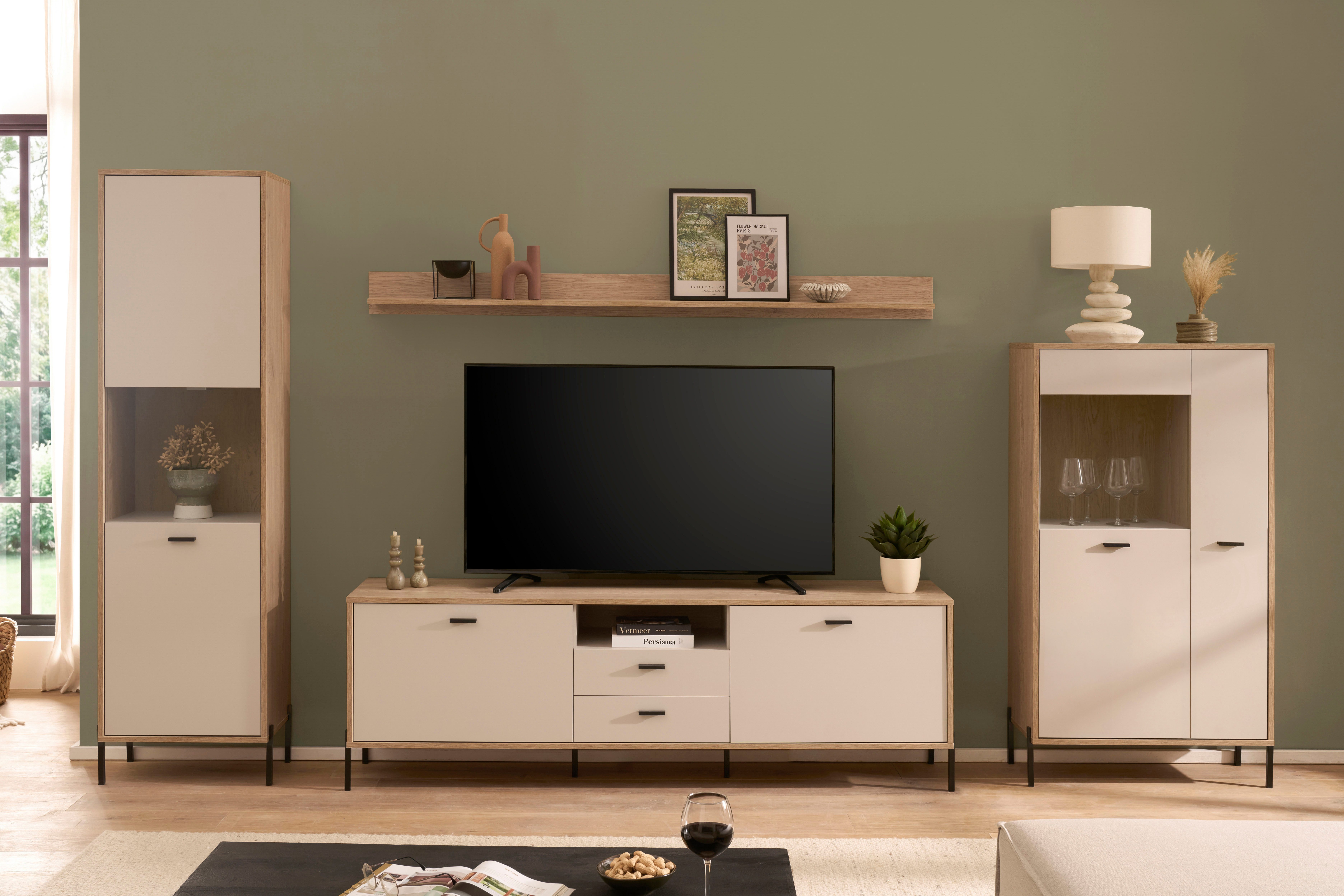 Home affaire Wohnwand Fredericia, moderne Anbauwand, Komplettset in Kaschmir, (Set, 4-St), enthält zwei Vitrinen, Lowboard und Wandboard, 349 cm breit