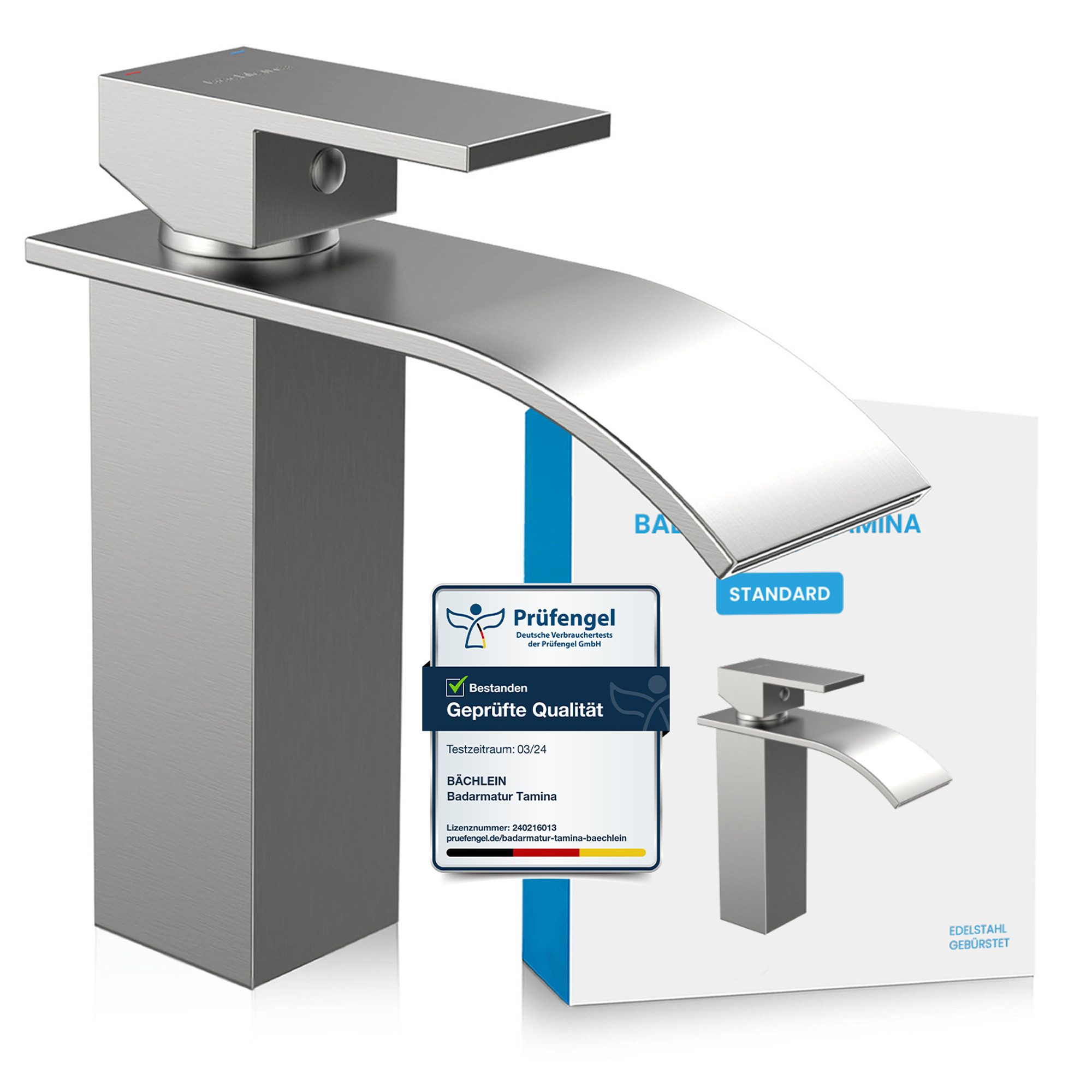 Bächlein Badarmatur Elegante Badarmatur Tamina (Edelstahl gebürstet) hochwertige Designarmatur mit Wasserfalloptik
