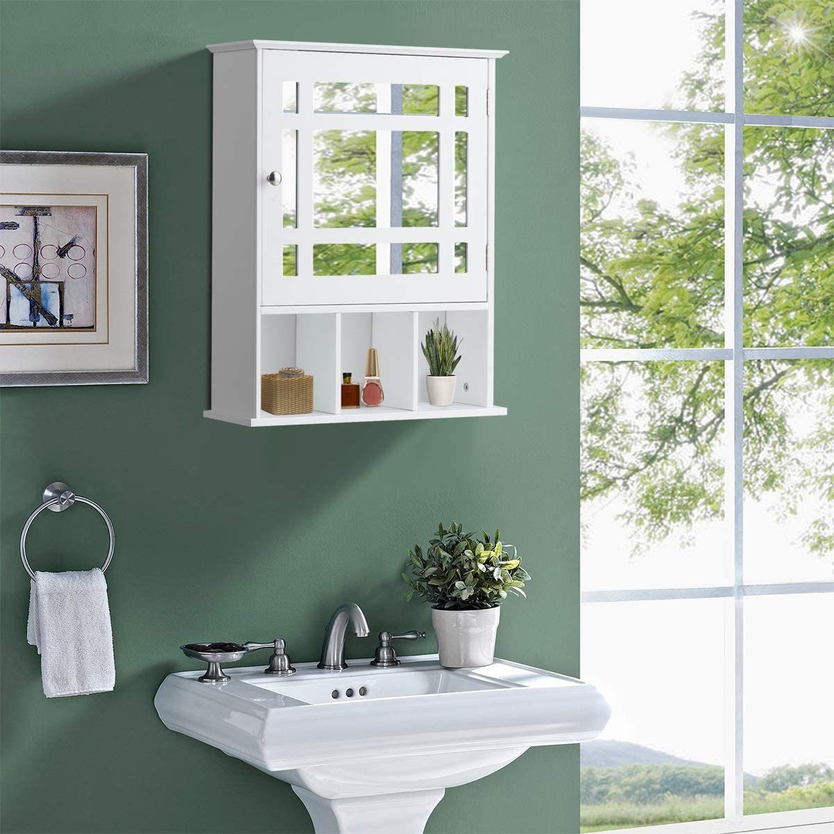 3 Fächern COSTWAY mit weiß Badezimmerspiegelschrank & Einlegeboden verstellbarem
