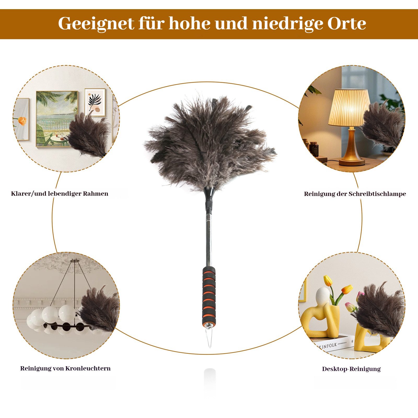 BlingBin Staubwedel Teleskop Staubwedel Straußenfedern – Staubwedel Lang Ausziehbar (1er Set, 1-St., 55 cm bis 155 cm), Längenverstellbar & Waschbar für Deckenventilator, Hochflächen