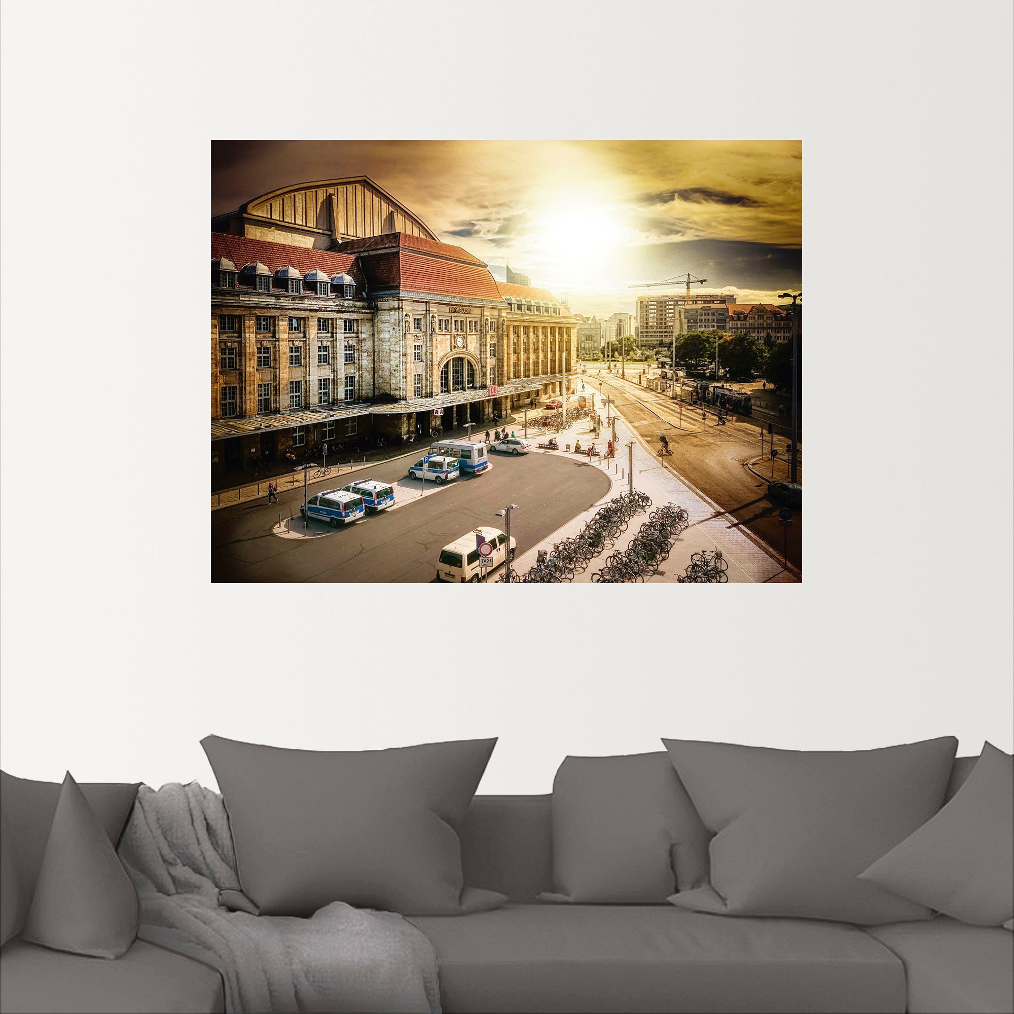 Artland Wandbild oder Poster in (1 als versch. Leinwandbild, Wandaufkleber Größen im Hauptbahnhof Sonnenuntergang, Gebäude St), Leipzig Alubild