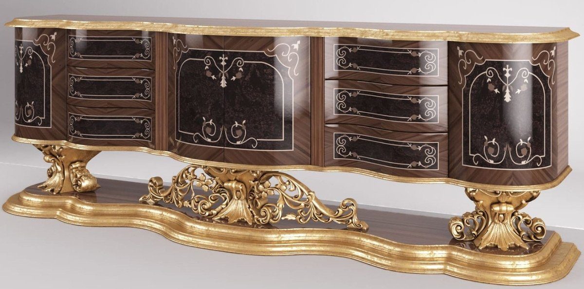 Casa Padrino Stauraumschrank Luxus Barock Sideboard Braun / Antik Gold 305 x 50 x H. 115 cm - Prunkvoller Wohnzimmer Schrank - Edel & Prunkvoll