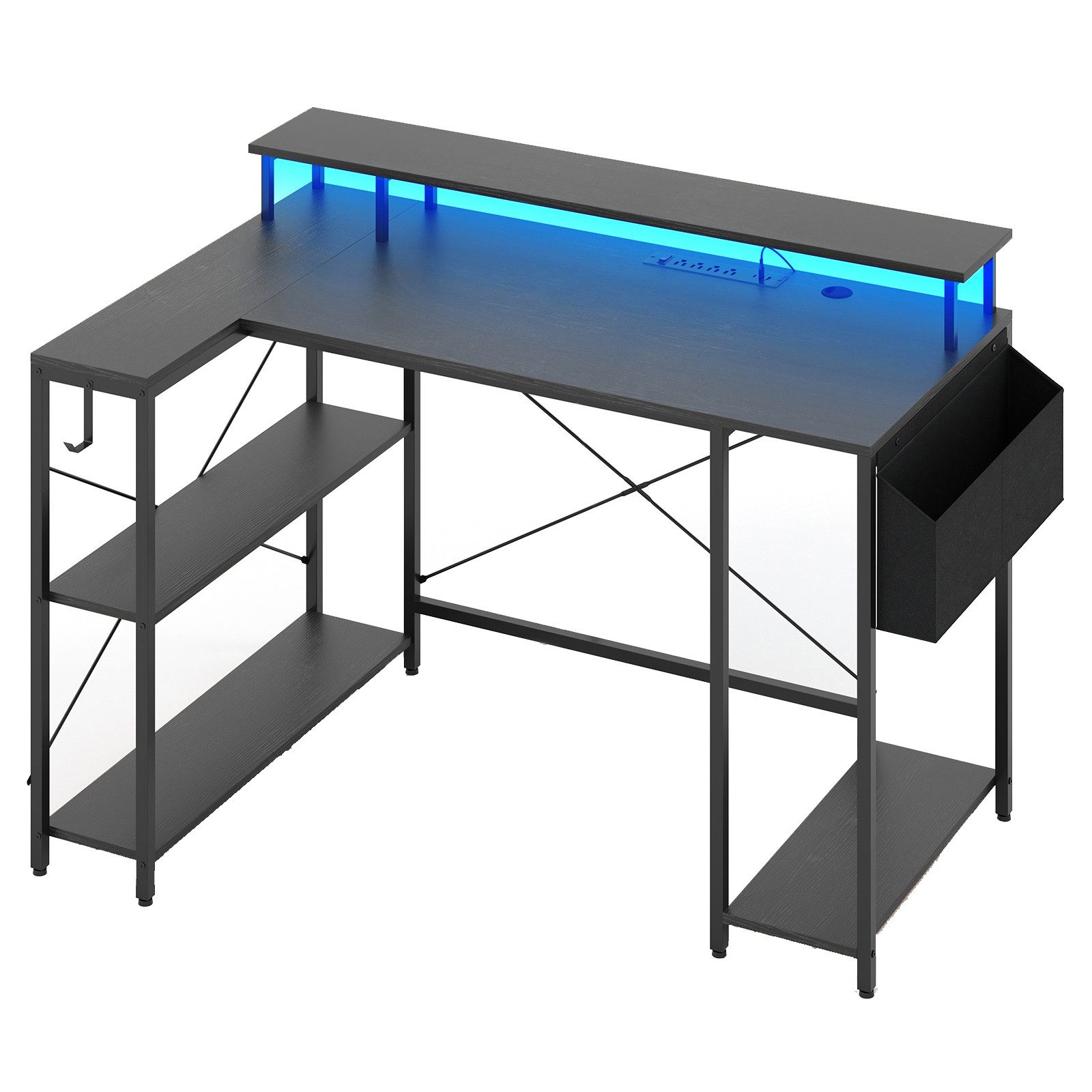 COSTWAY Computertisch, mit Steckdosen, LEDs, Monitorständer, Regalen & Tasche