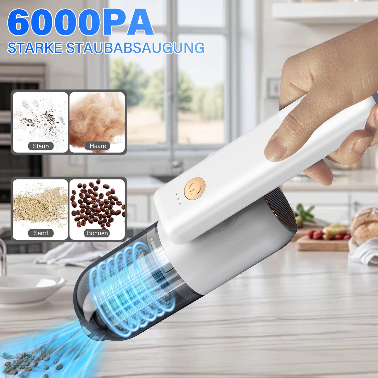 MOPUEA Akku-Handstaubsauger Handstaubsauger 3 in 1 Auto-Staubsauger,USB aufladbar Mini Staubsauger, 70 W, beutellos, enthält Saugdüsen, Staubbehälter, Reinigungsbürste usw.