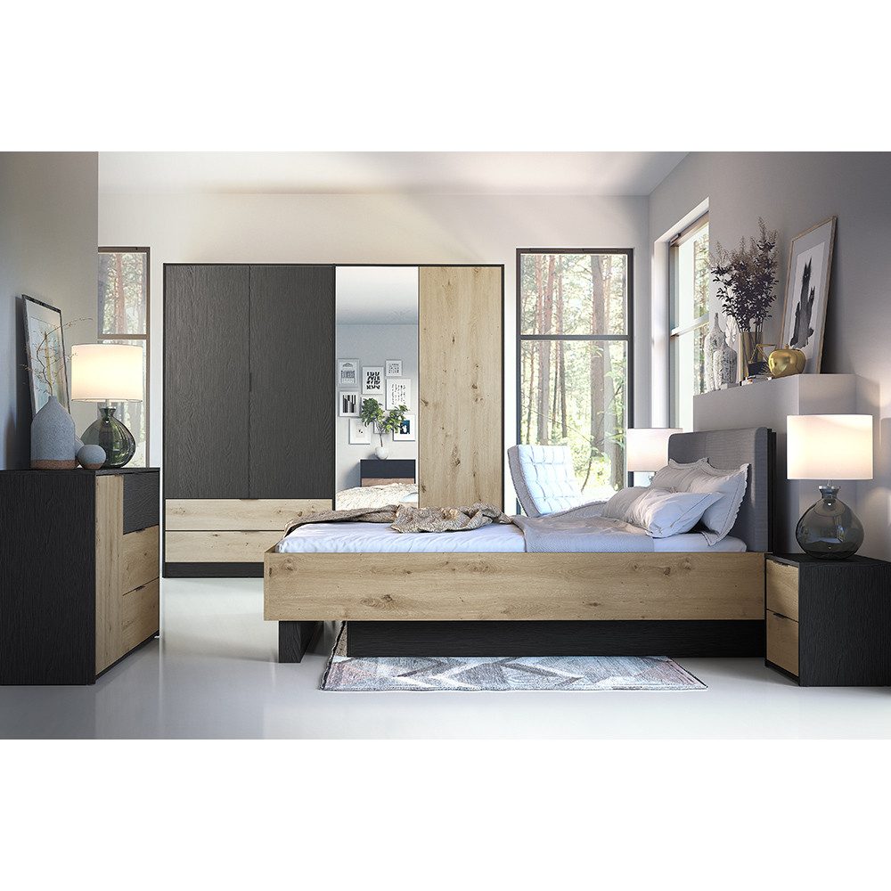 Lomadox Schlafzimmer-Set UTRECHT-166, (Spar-Set, 5-tlg., Bettgestell Nachttische Kleiderschrank Kommode), in Eiche und graphit, Bett 160x200cm, aufklappbares Lattenrost