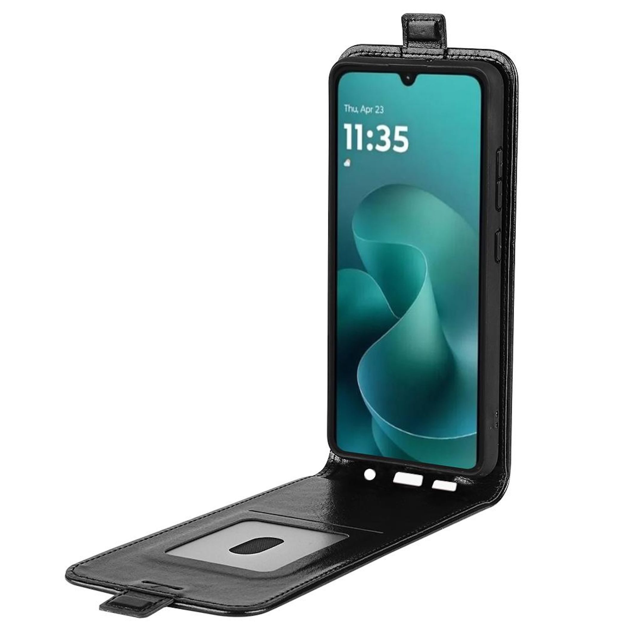 Wigento Handyhülle Für Motorola Moto G06 4G Vertikale Kunstleder Flip Schutzhülle Schwarz, Vertikales Flip Kunst-Leder Handyhülle mit Kartenfach