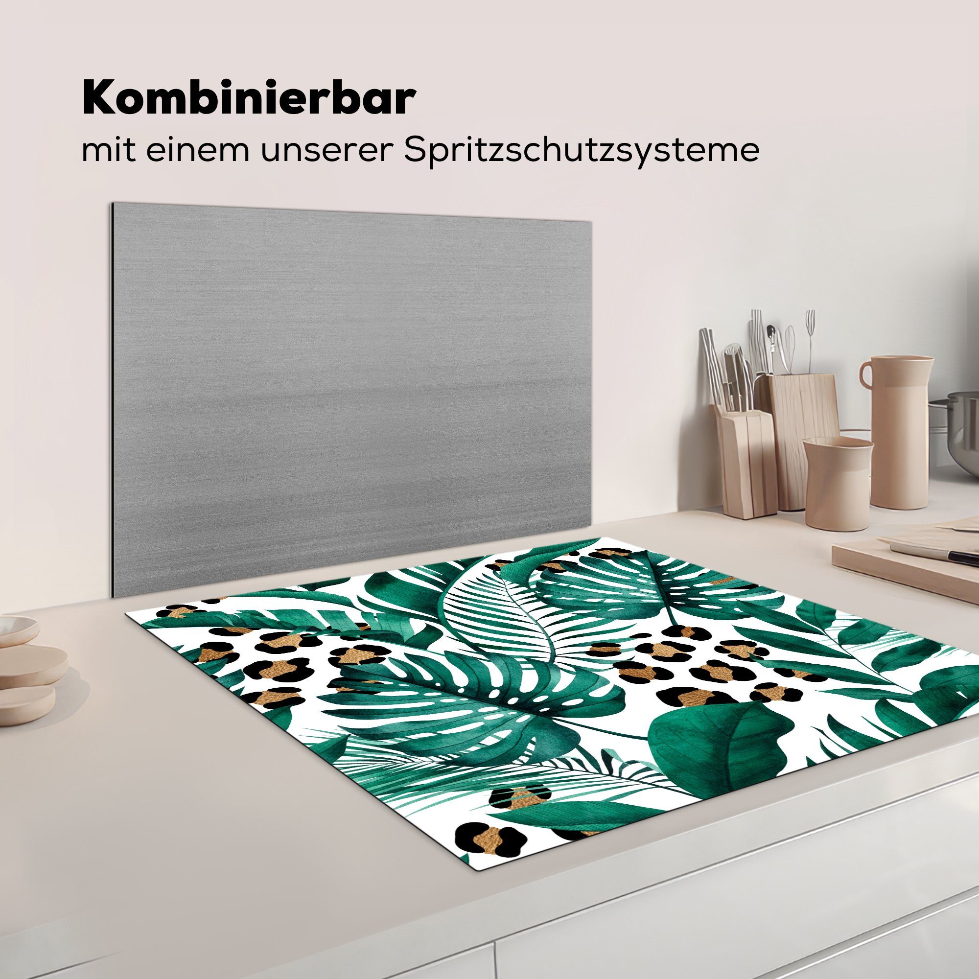 Herdblende-/Abdeckplatte Mädchen Arbeitsplatte Jungen Ceranfeldabdeckung, Vinyl, küche - MuchoWow - Leopardenmuster tlg), cm, - Muster -, Blätter (1 78x78 Kinder - für -