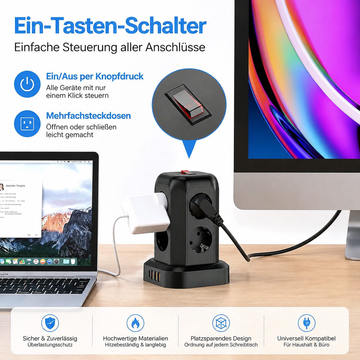 ibettertec 12 in 1 Mehrfachsteckdosen Steckdosenturm mit Schalter Kabel 1.8m Steckdosenleiste 8-fach (platzsparend, 3 USB-A, 1 USB-C Mehrfachsteckdose, Überspan – Bild 5 von 5
