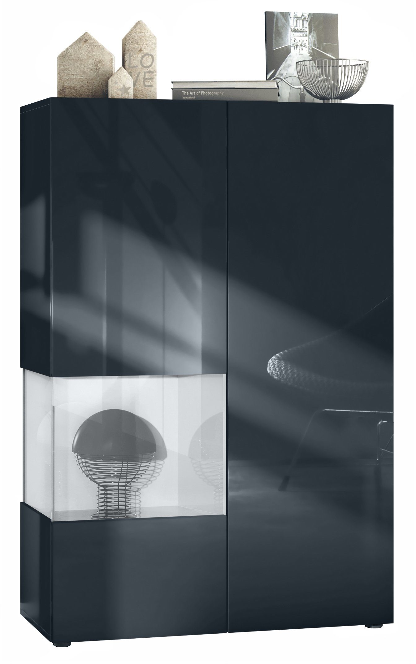 Vladon Standvitrine Morena V2 (Standvitrine, mit 2 Türen und Glaseinsatz) Schwarz matt/Schwarz Hochglanz/Weiß Hochglanz(91,5 x 136,5 x 37 cm)