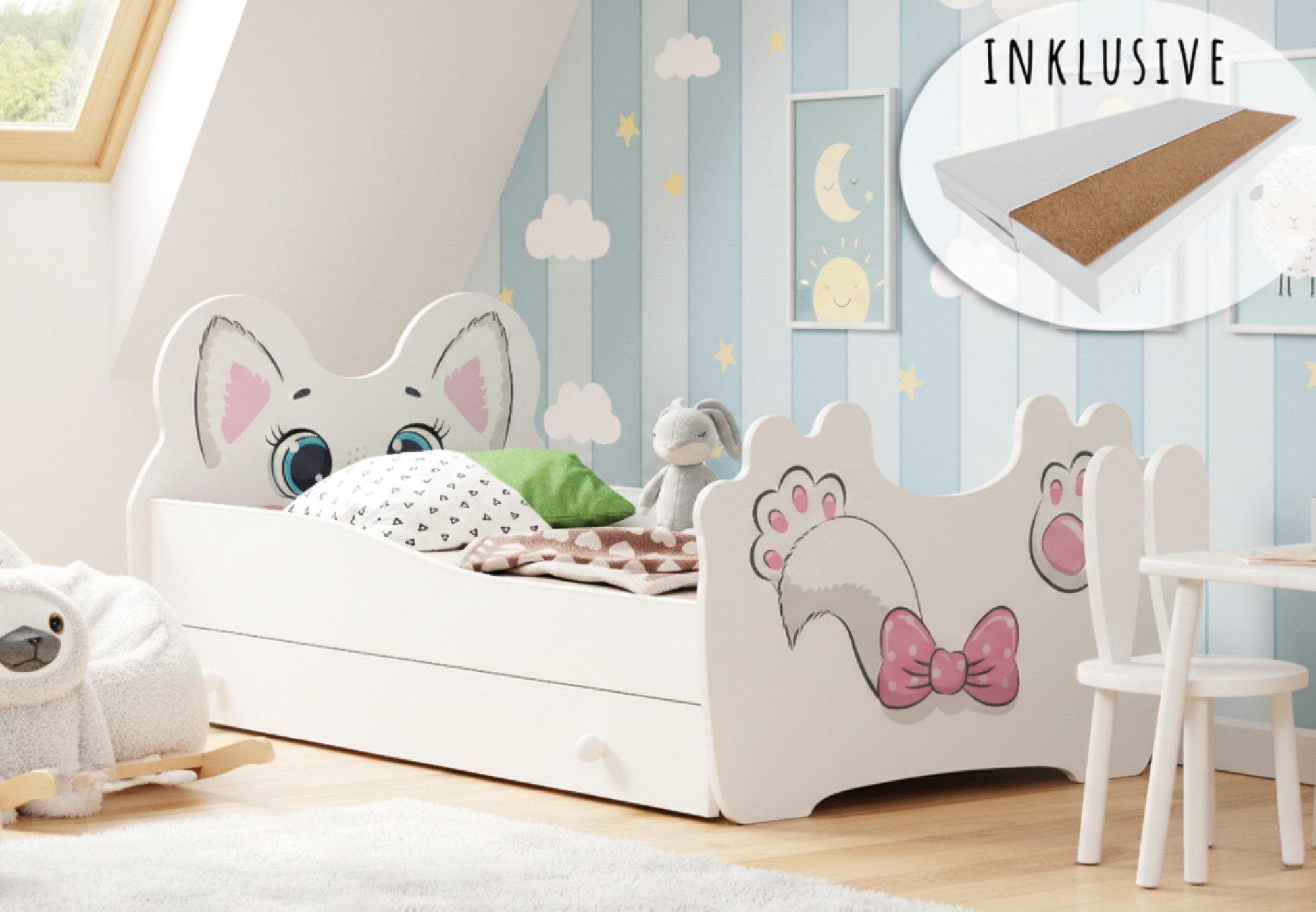 Kids Collective Kinderbett Jugendbett 70x140 80x160 mit Matratze, Schublade und Lattenrost, Katzenmotiv MDF Holzwerkstoff (Möbelplatte) Made in Europe 80x160 cm