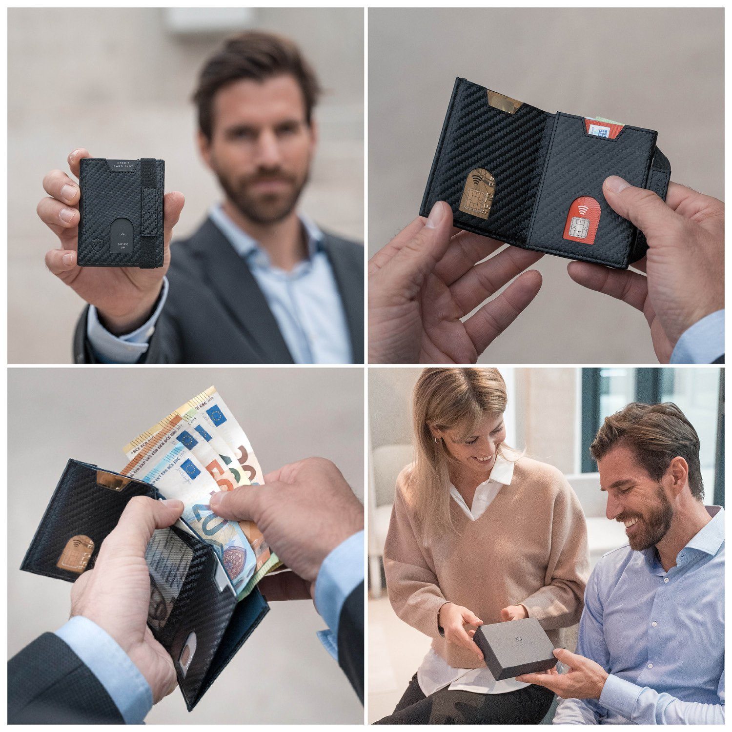 VON HEESEN Geldbörse Whizz RFID-Schutz inkl. Carbon-Schwarz Kartenfächer, Wallet mit 6 Geldbeutel Geschenkbox & Portemonnaie Wallet Slim