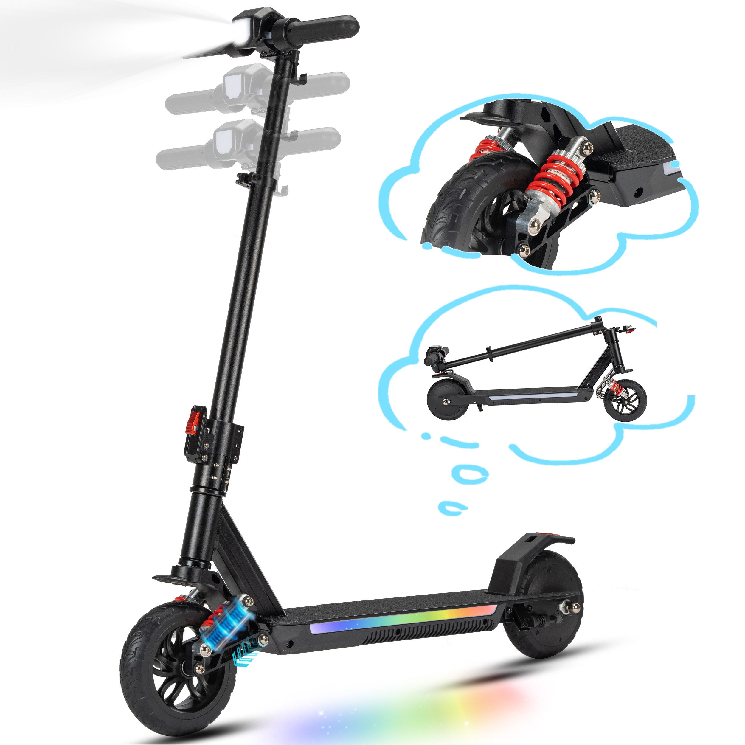 Vankel Elektro-Kinderroller ab 10 Jahren, klappbar, EBS+Fußbremse, farbiger Beleuchtung, mit Haken, 14km/h, E-Scooter für Kinder, 10-15km, höhenverstellbar