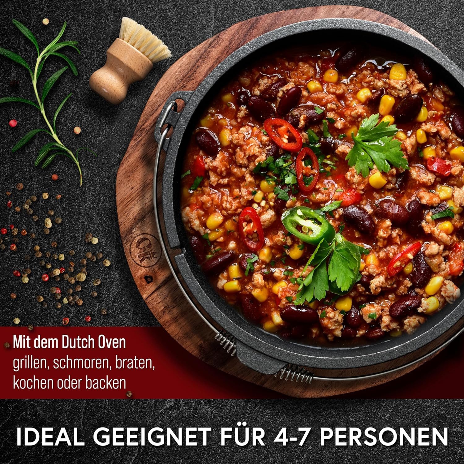 GUSSKÖNIG Schmortopf Dutch Oven Set 9 Liter mit Füßen i2in1 Deckelheber Bürste Rezeptbuch