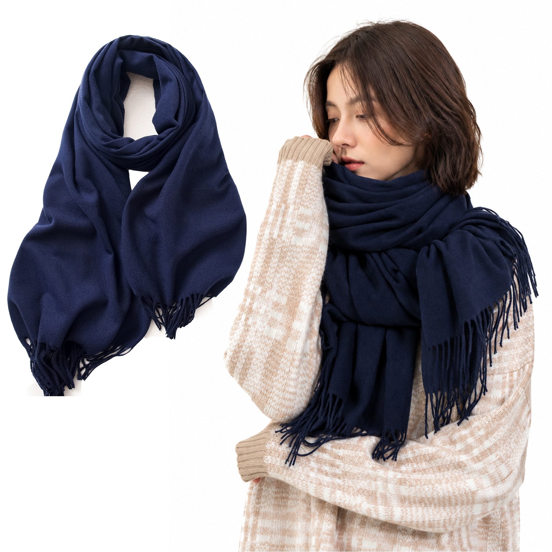 Mutig Wollschal Wollschal Damen 200×70 cm Kaschmir Gefühl Warm, (Weich Oversize Wendbar Mit Fransen weicher Wollschal einfarbig, Damen Großer Winter-Halstuch, warmes Feinstrick-Winterschal), für Herbst Winter Herren und Damen